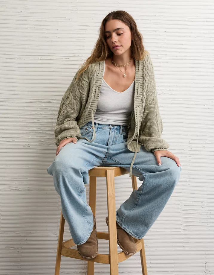 Cable Knit Tie Front Cardigan (XXL)