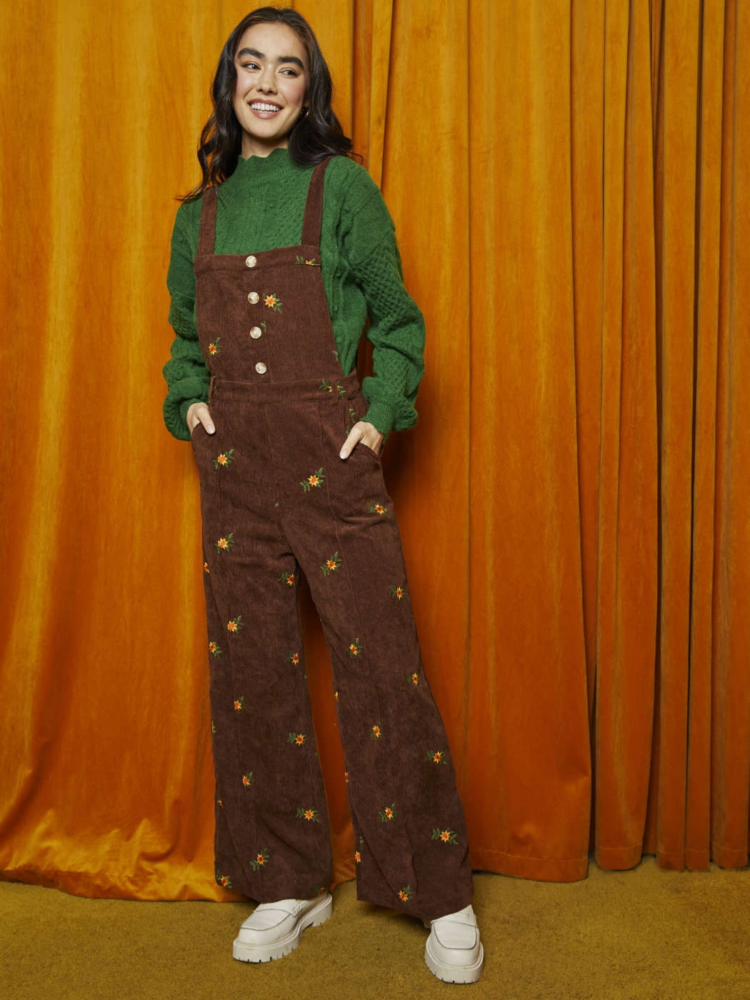 Brown Floral Embroidered Overalls (L)