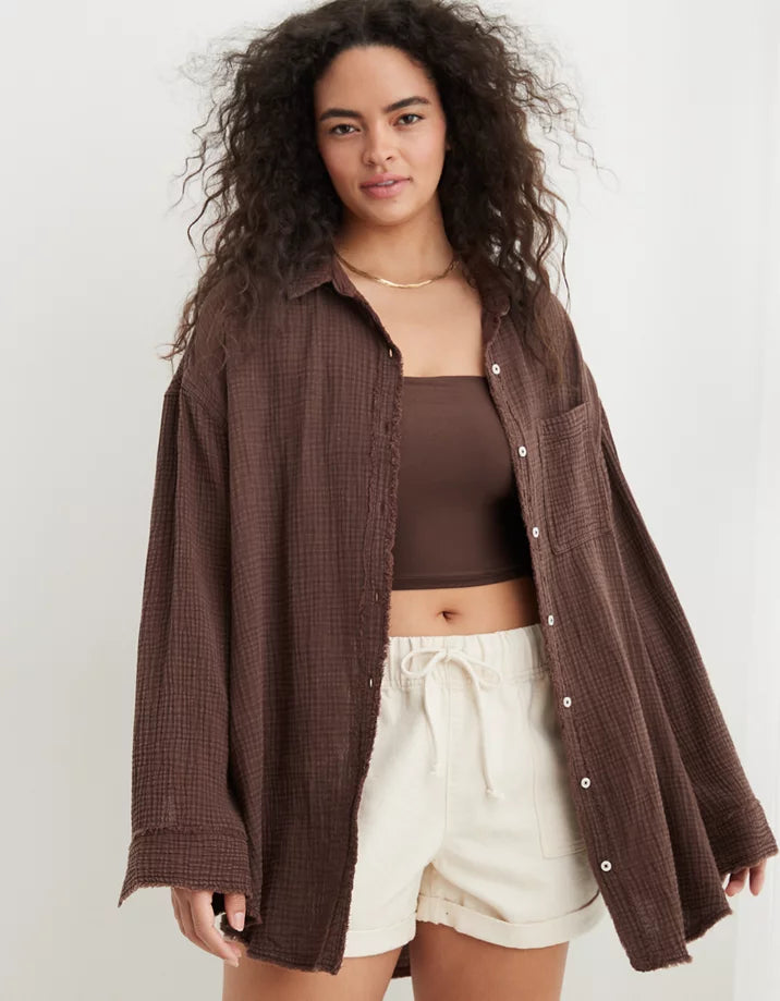 Aerie Brown Gauze Button Up (XXS)