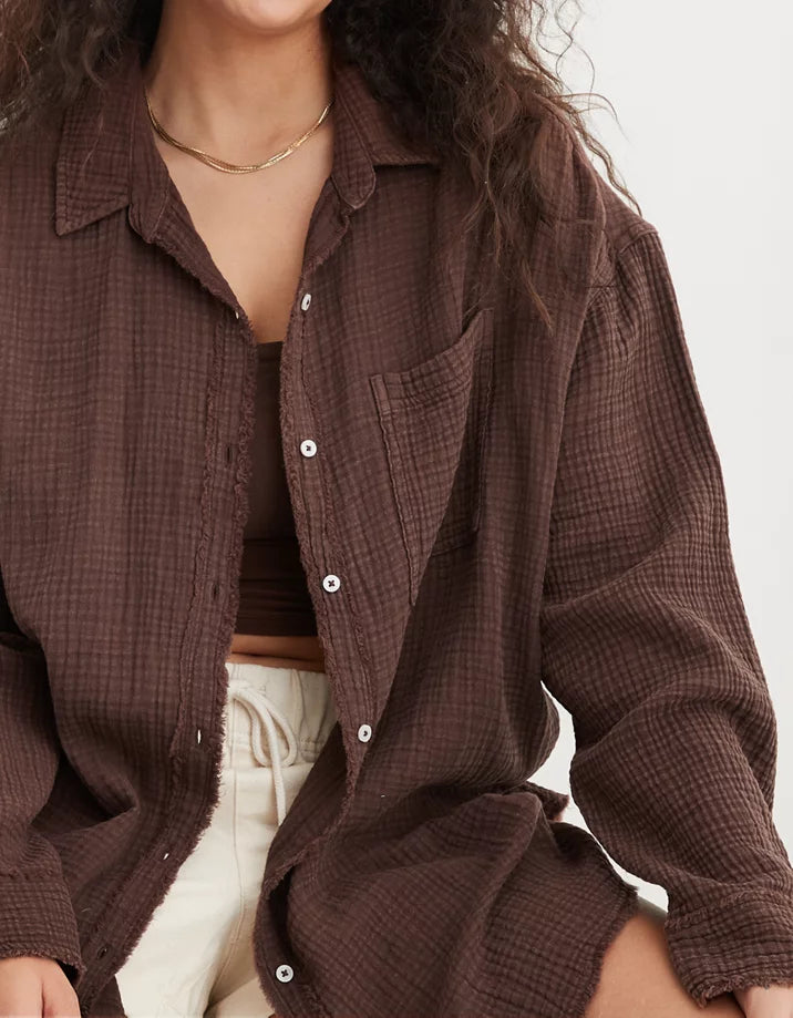 Aerie Brown Gauze Button Up (XXS)