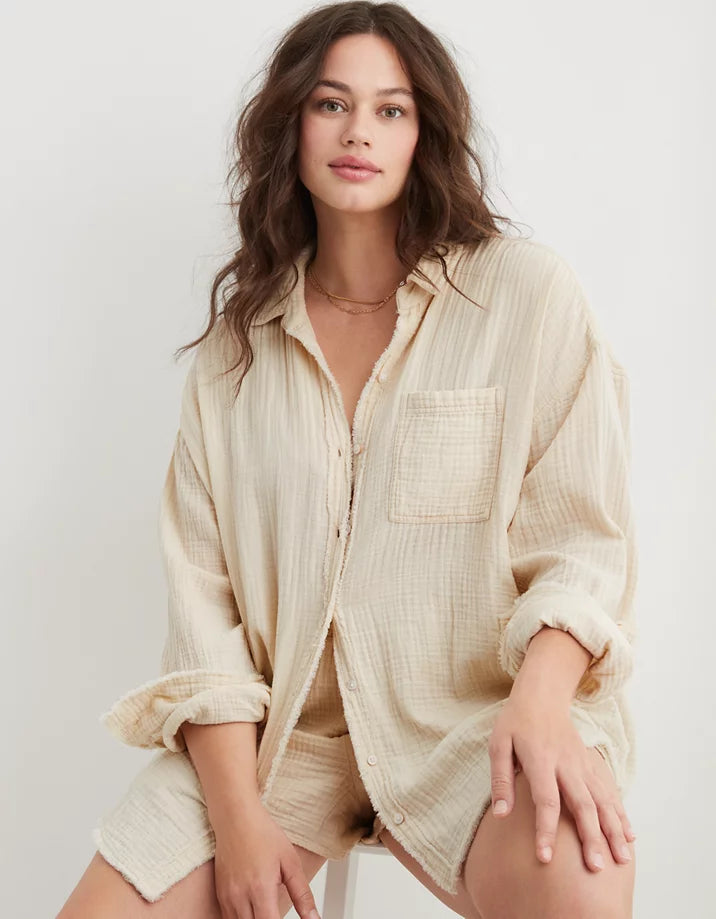Aerie Oversized Cotton Gauze Button Up (L)
