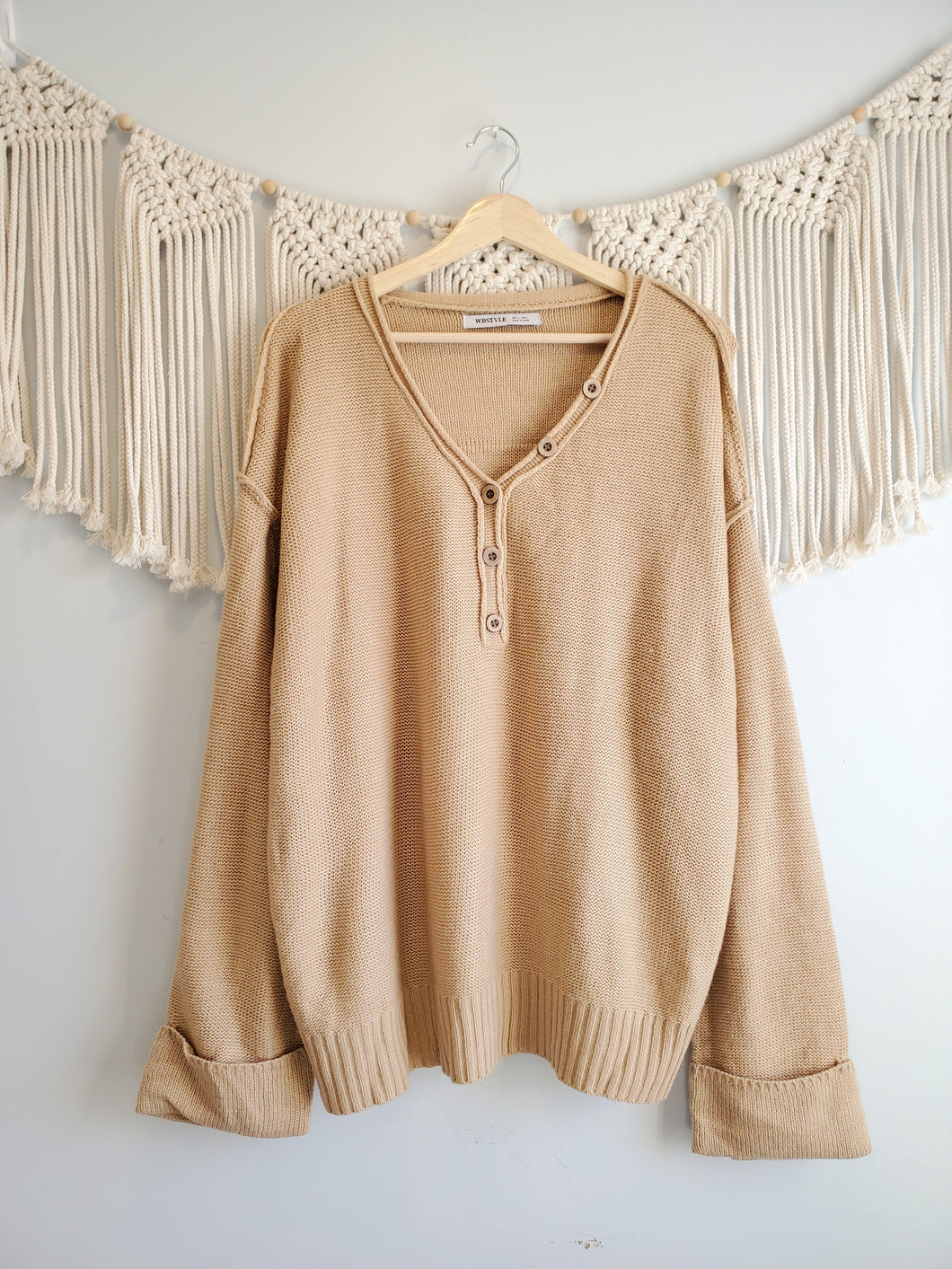 Tan Oversized Henley Sweater (L)