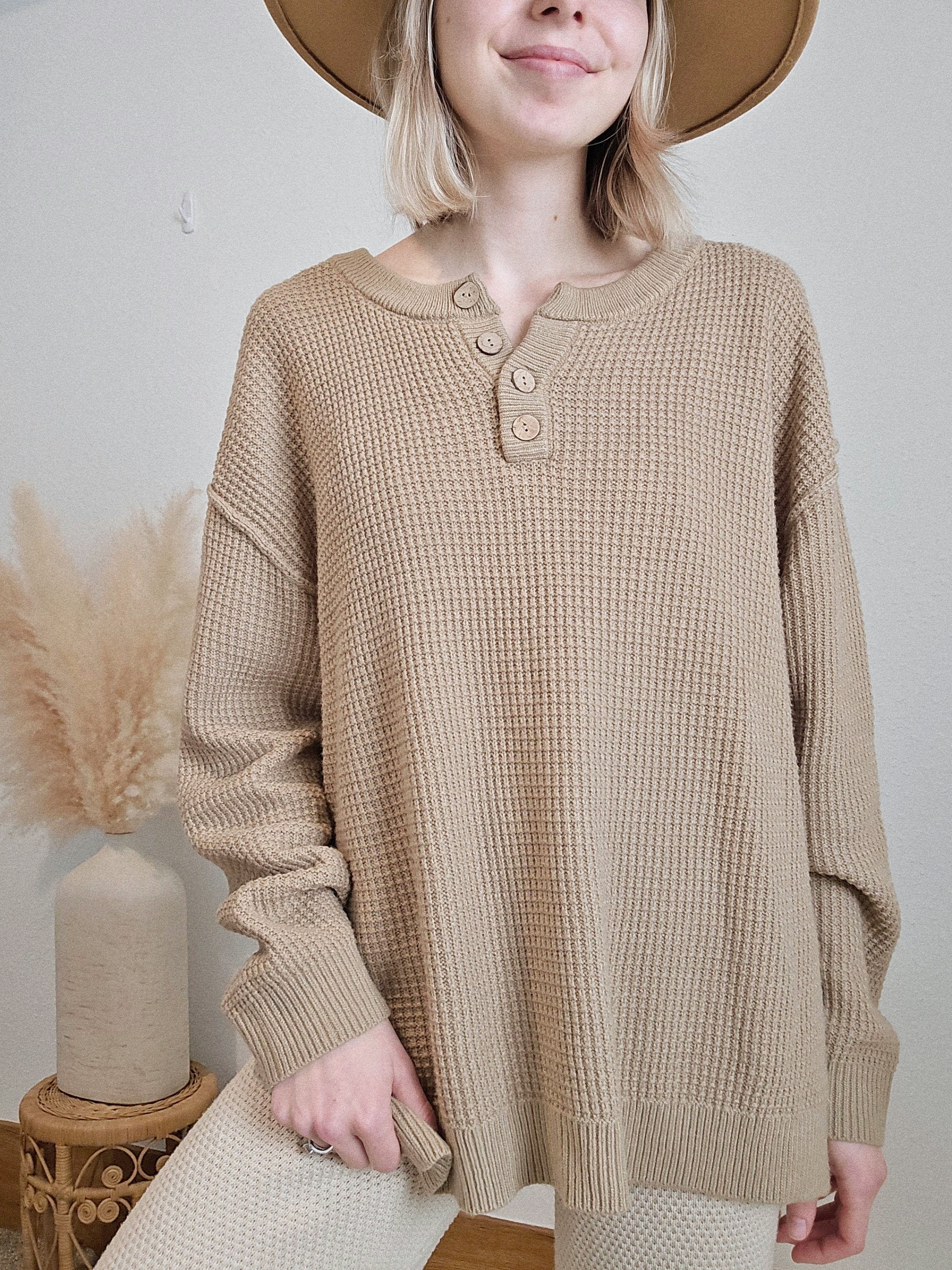 Waffle Knit Henley Sweater (XL)