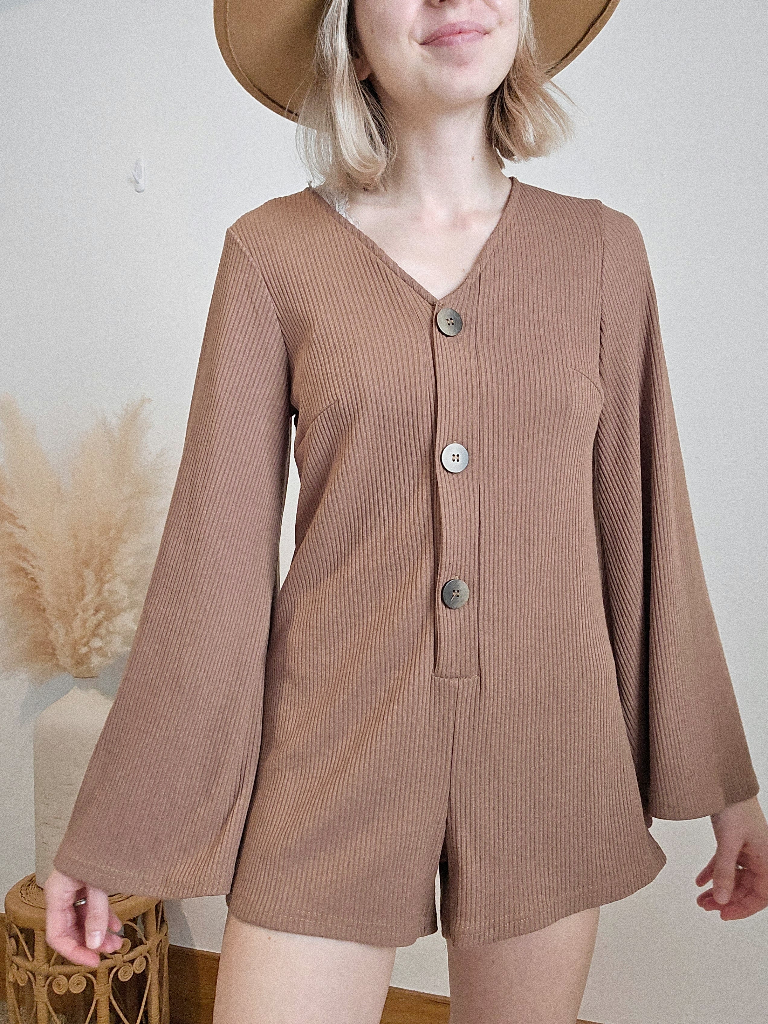 Brown Bell Sleeve Romper (S)