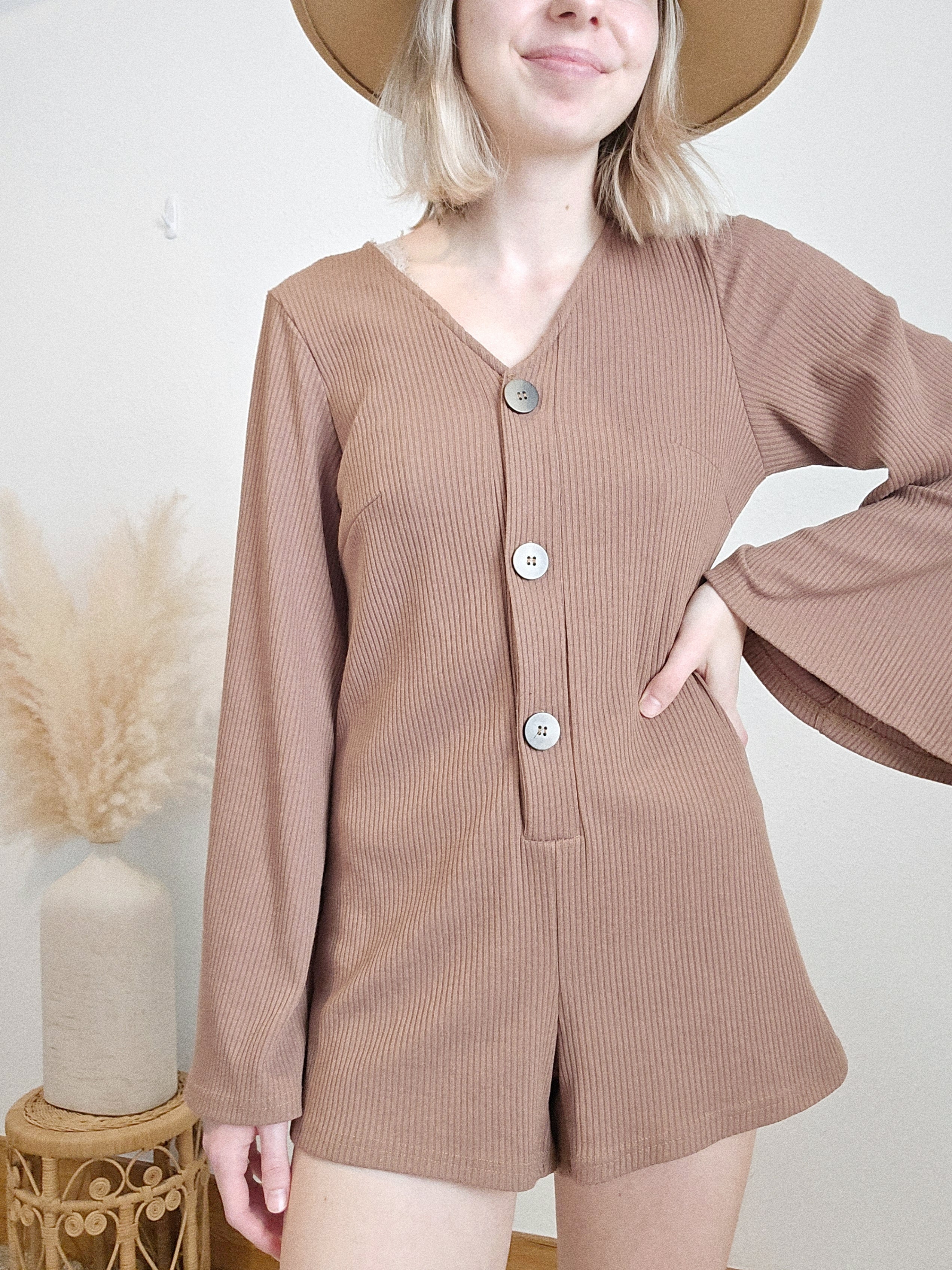 Brown Bell Sleeve Romper (S)