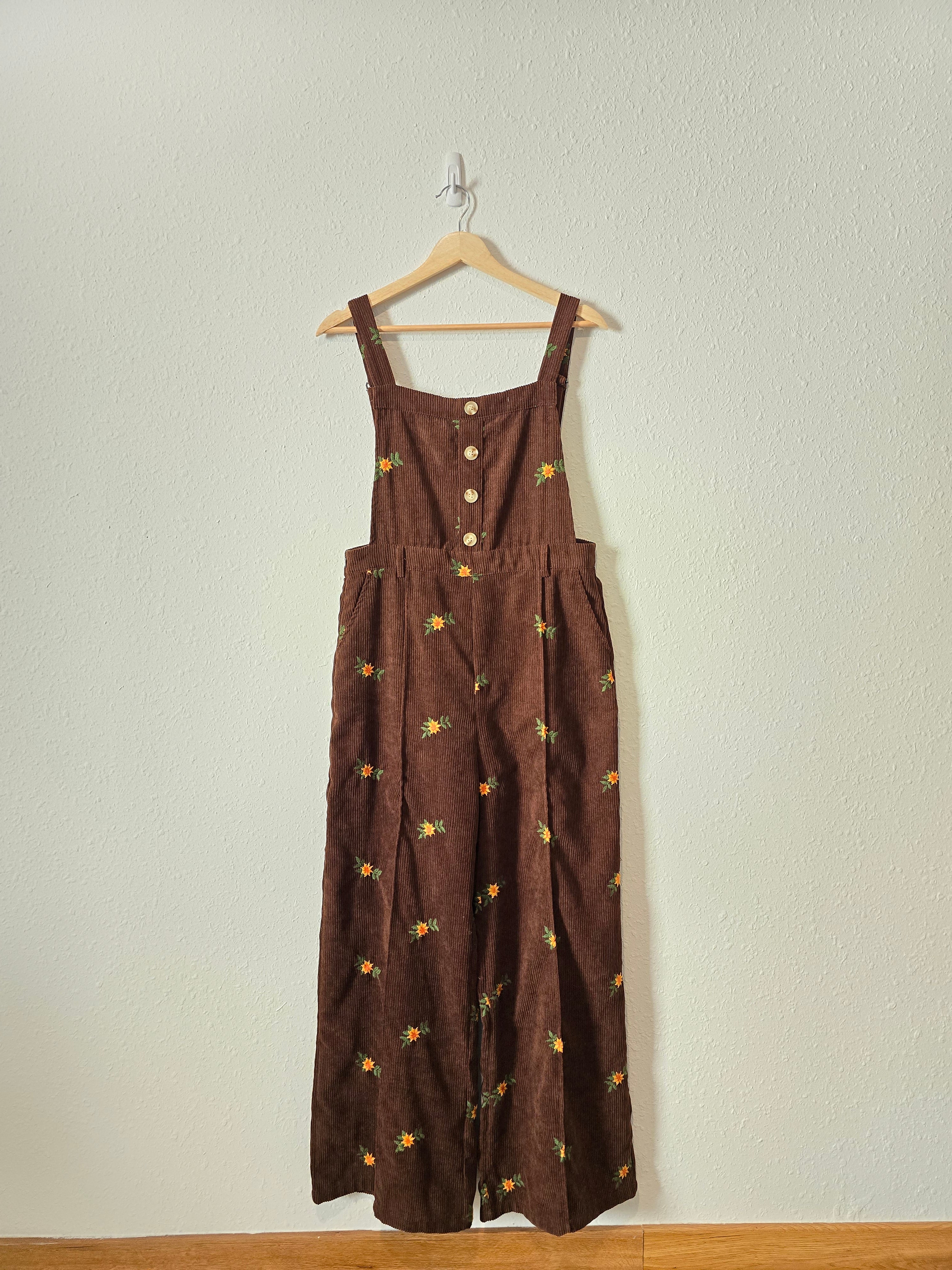 Brown Floral Embroidered Overalls (L)