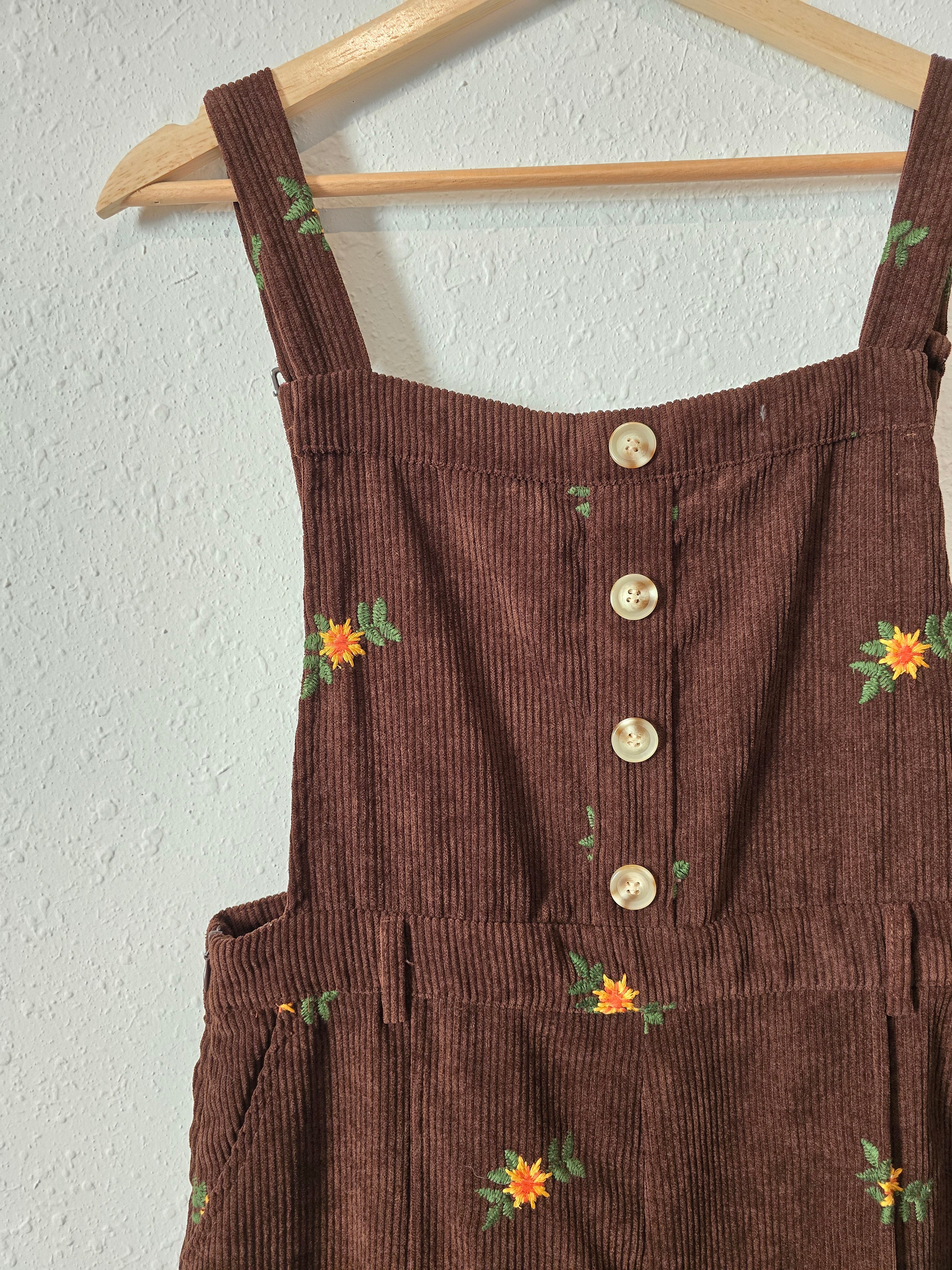 Brown Floral Embroidered Overalls (L)