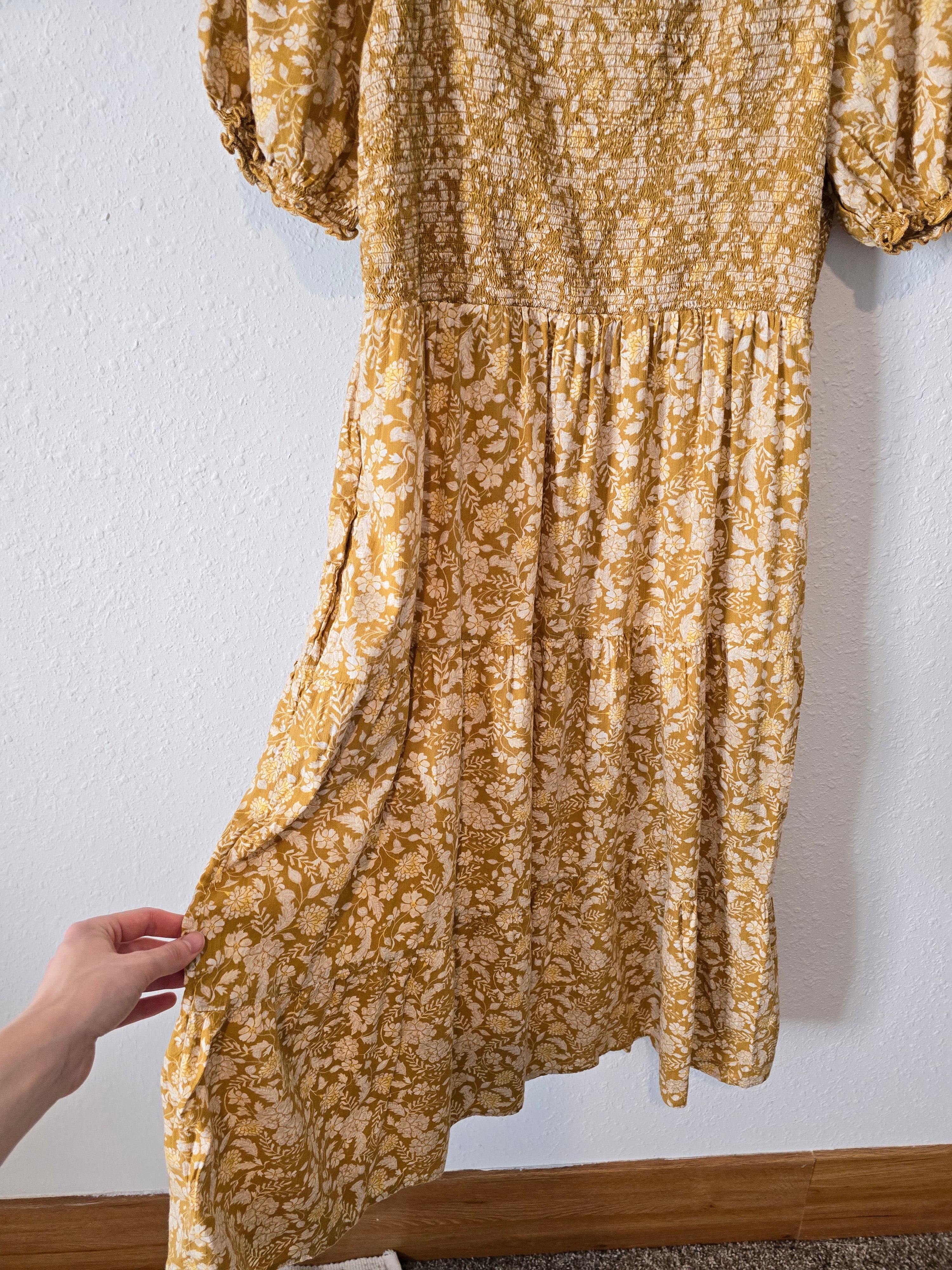 Mustard Floral Midi Dress (L)