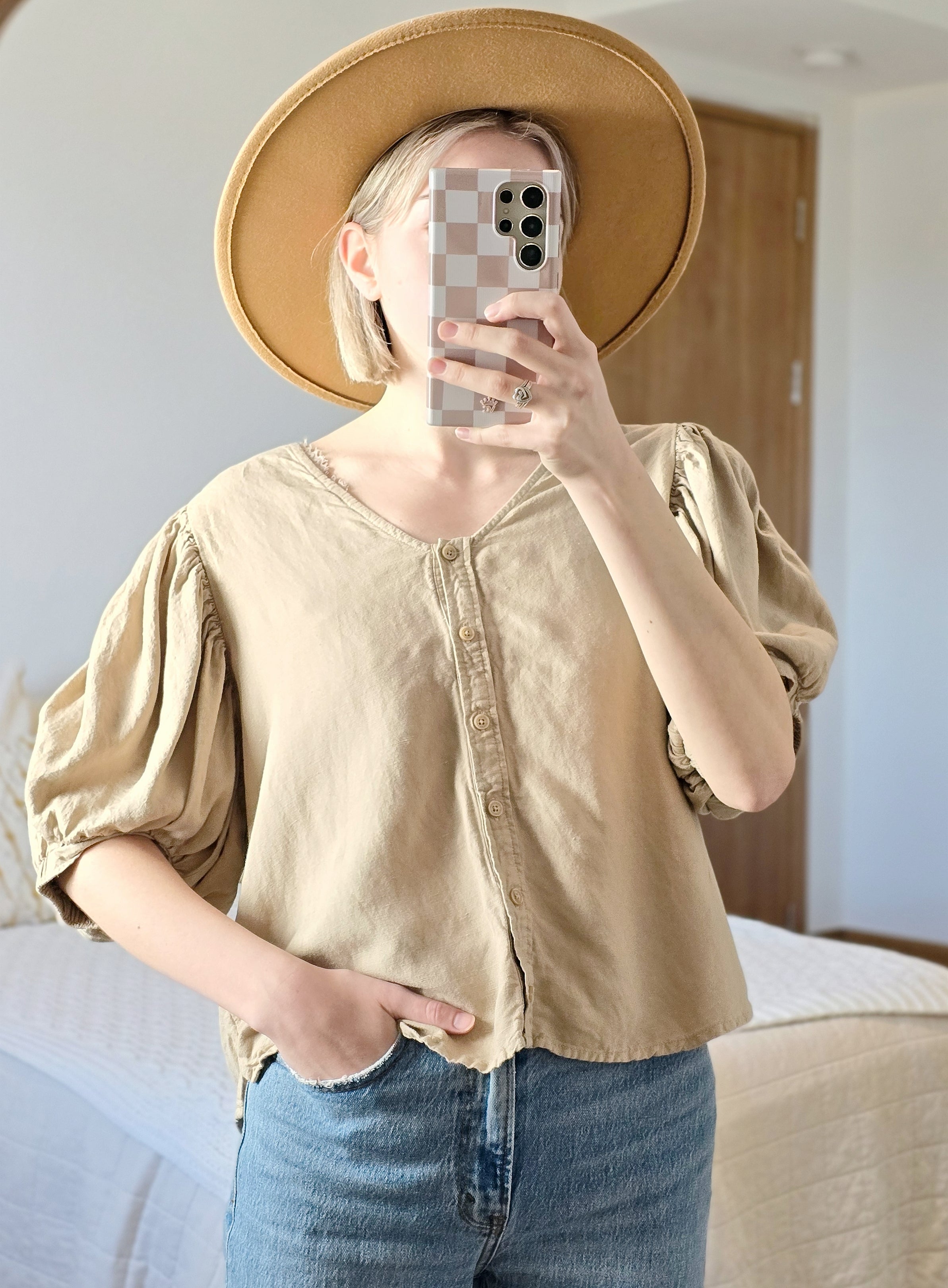 Linen Puff Sleeve Blouse (L)