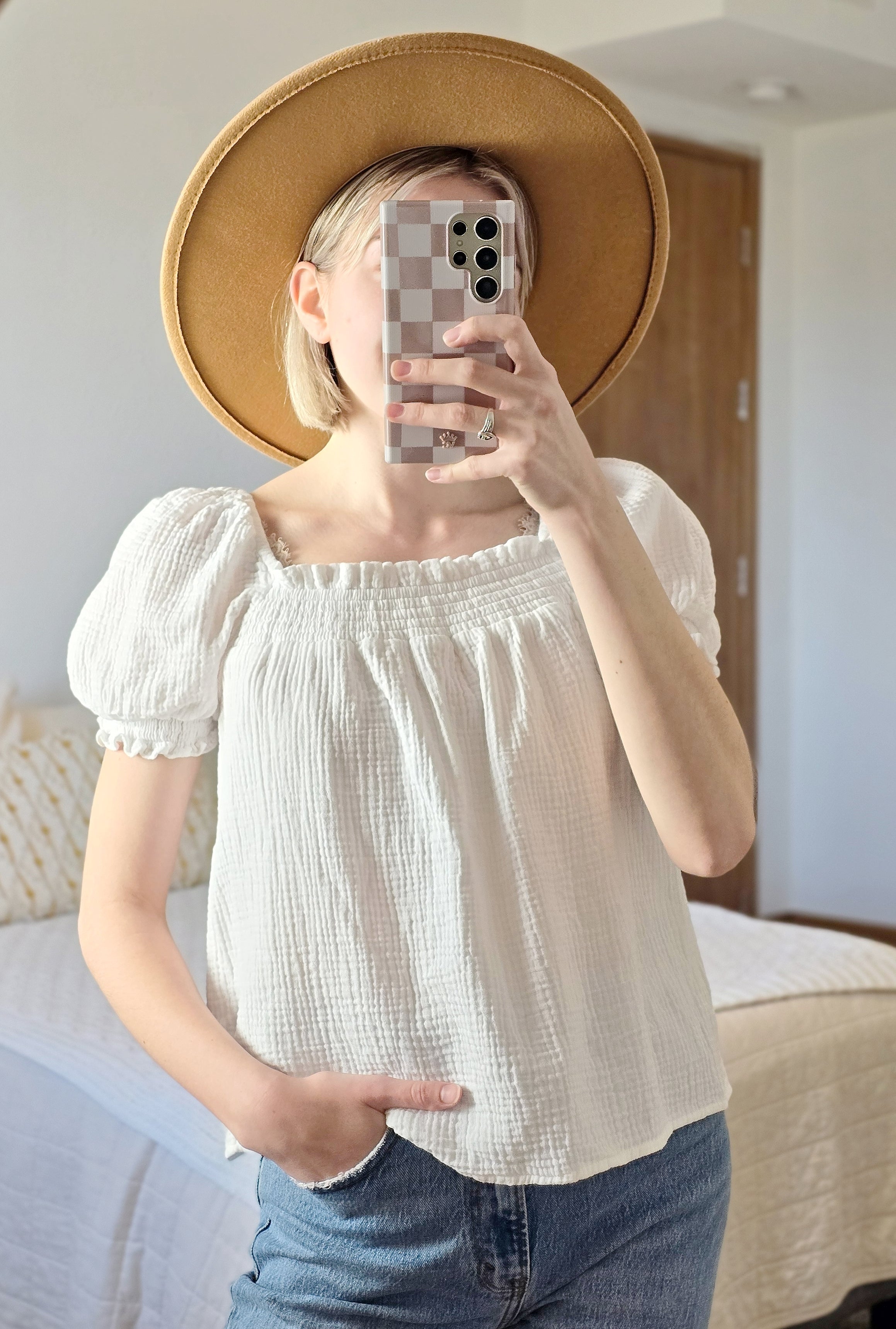 White Gauzy Puff Sleeve Top (M)