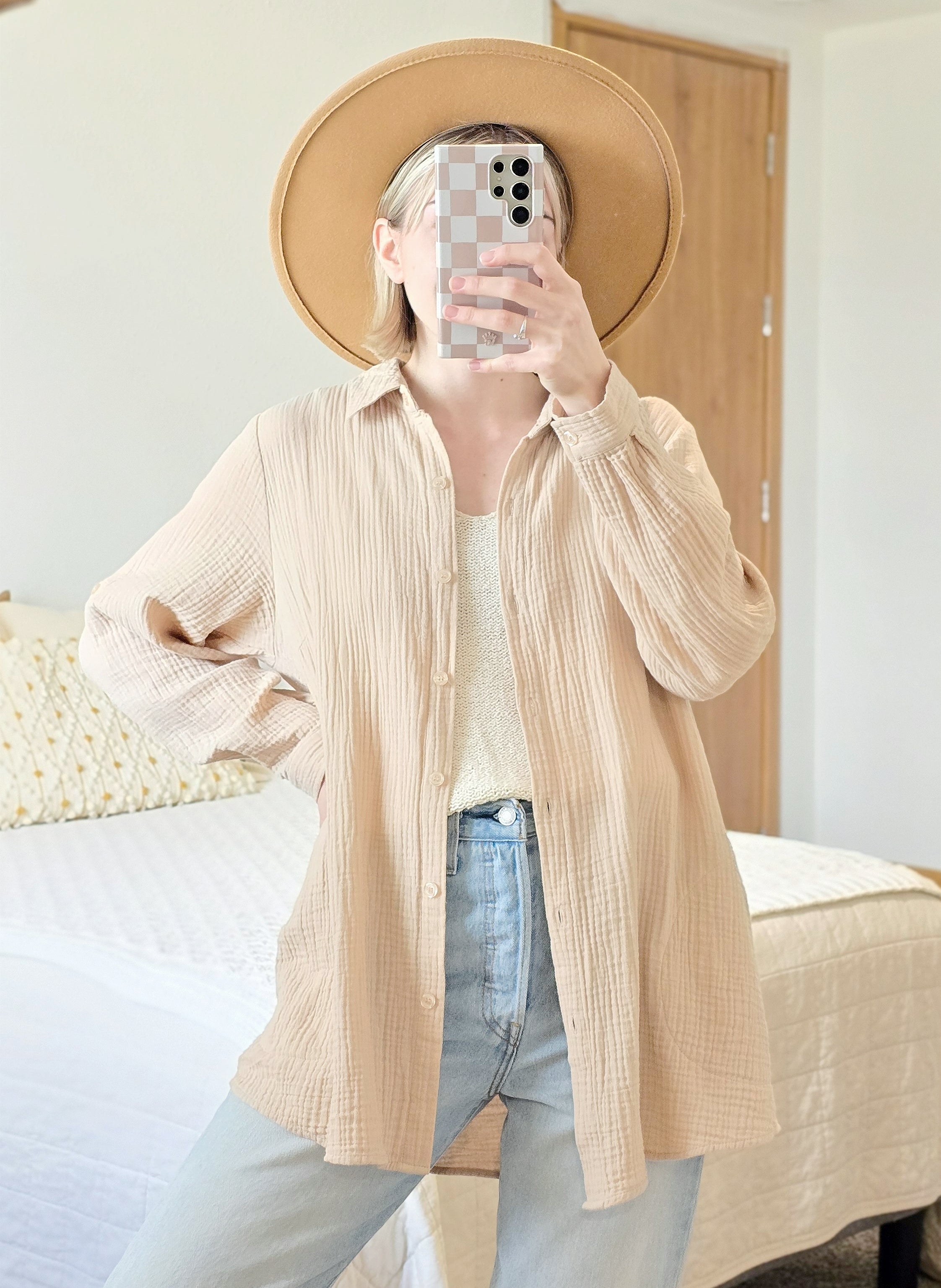 Neutral Gauzy Button Up (L)