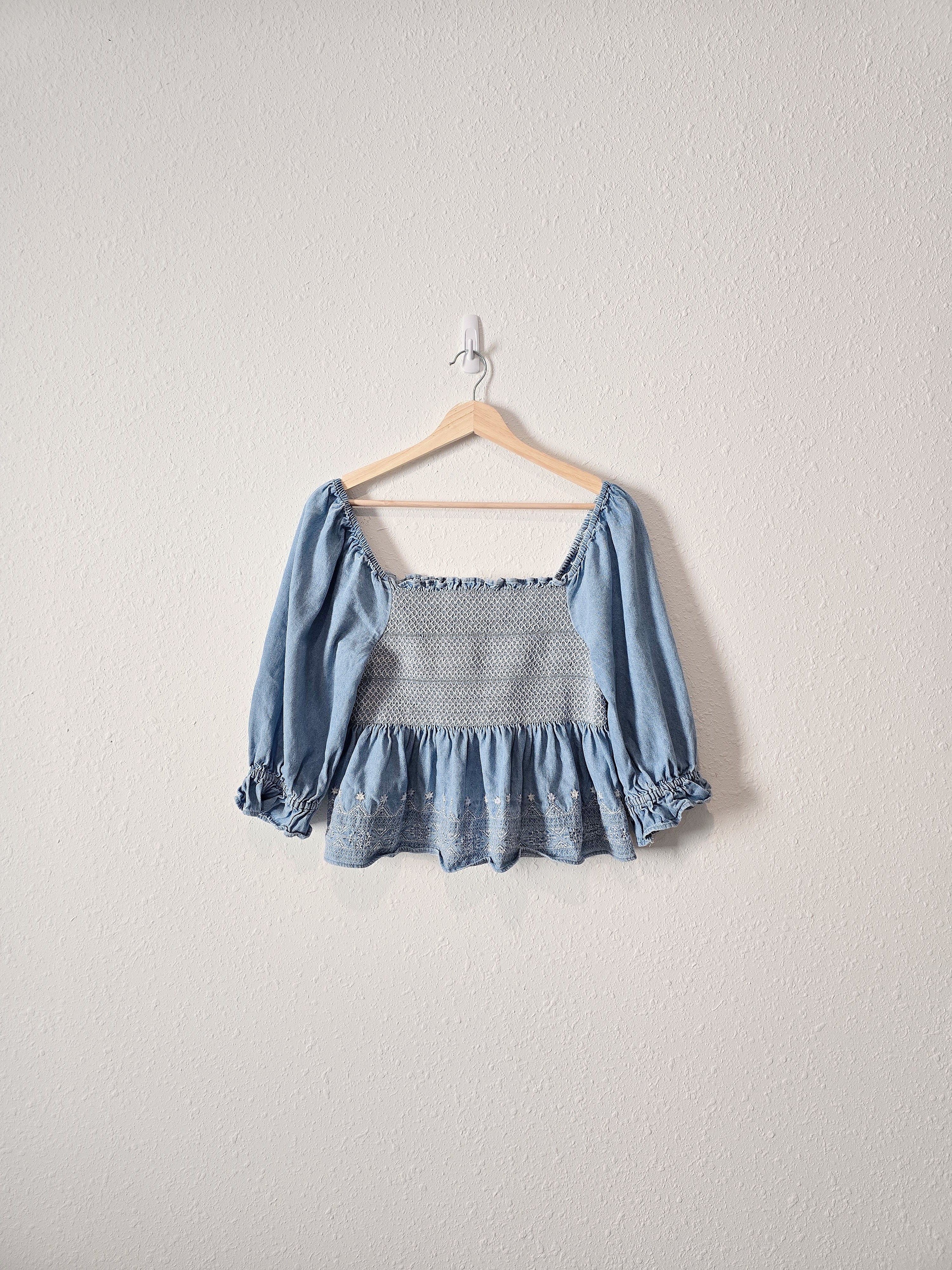 Denim Smocked Babydoll Top (S)