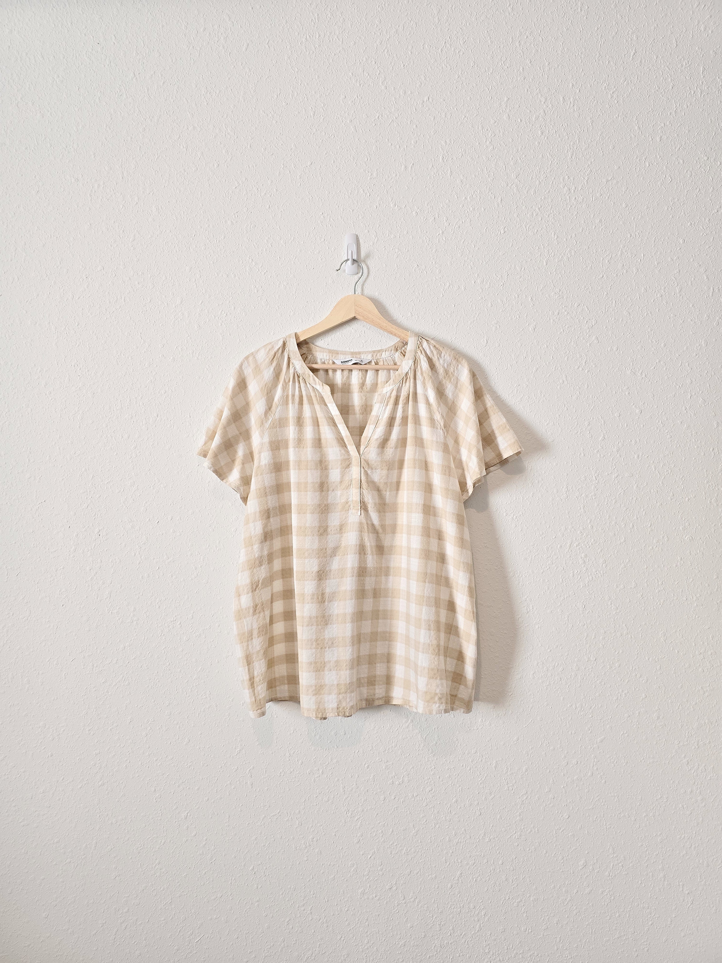 Neutral Gingham V Neck Top (XL)