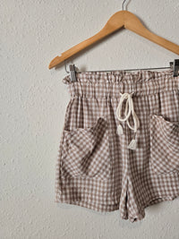 Neutral Gingham Linen Shorts (S)