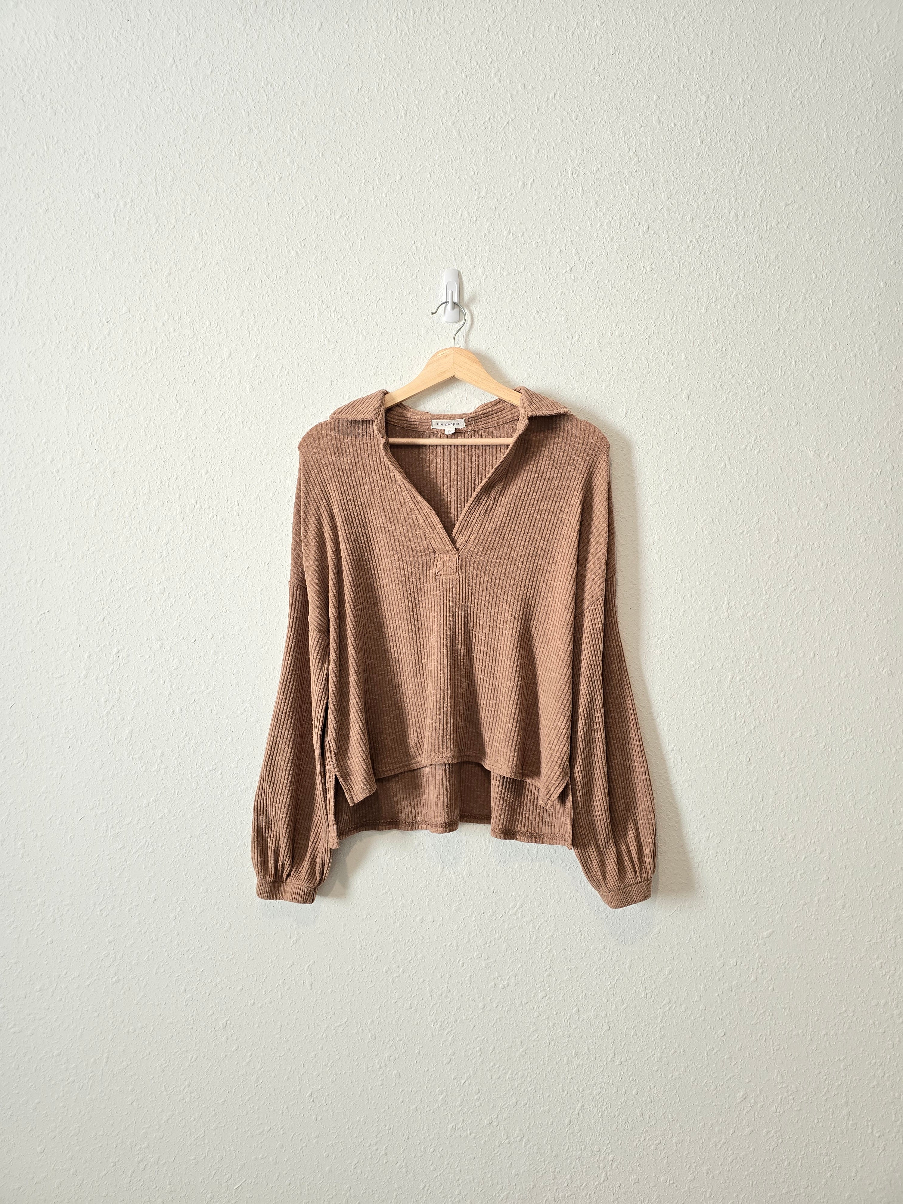 Brown Ribbed Collared Top (S)