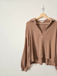 Brown Ribbed Collared Top (S)