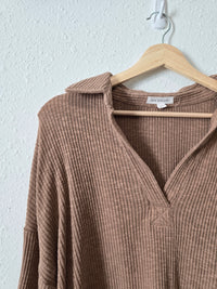 Brown Ribbed Collared Top (S)