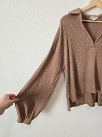 Brown Ribbed Collared Top (S)