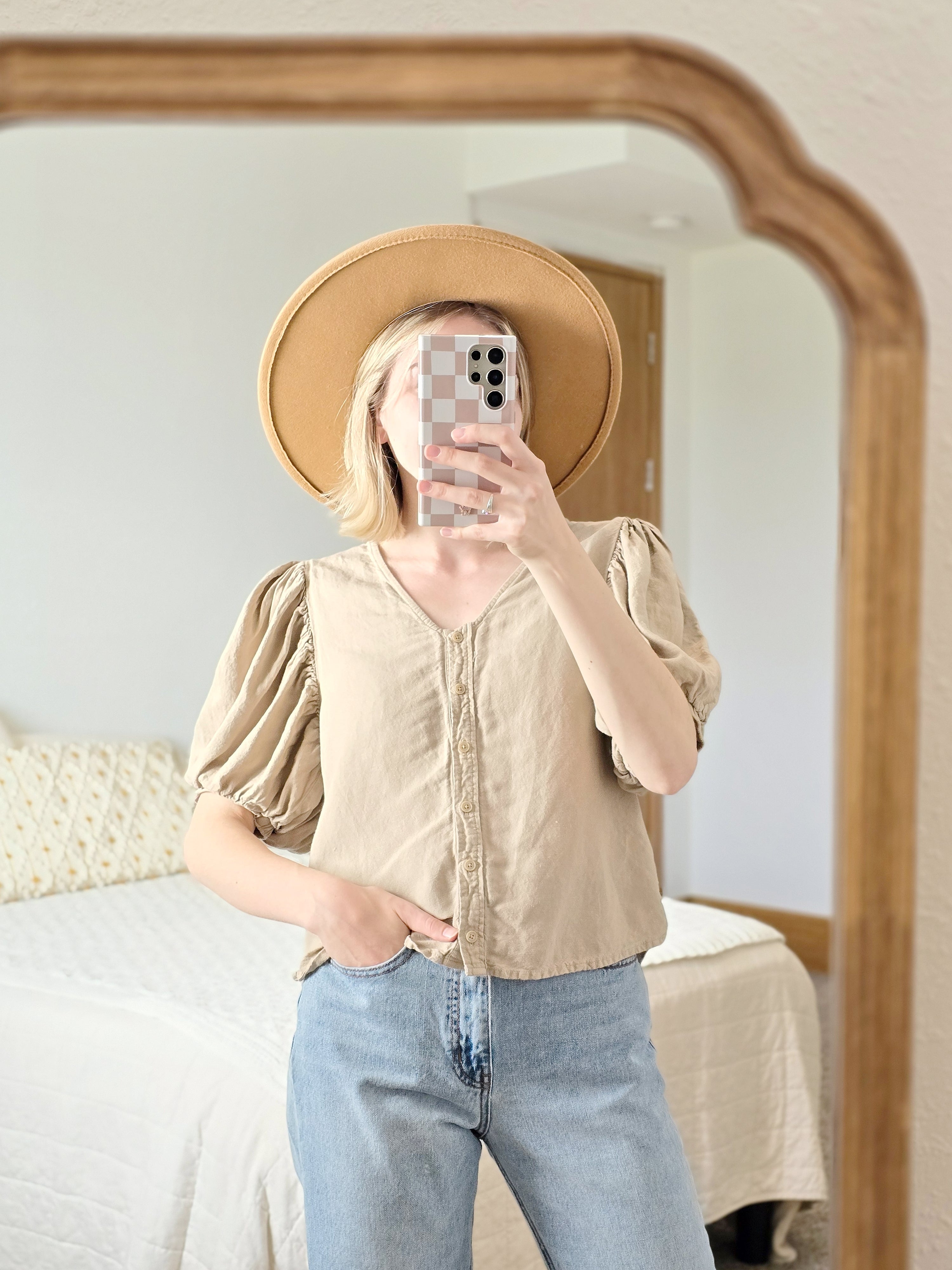 Linen Puff Sleeve Blouse (M)