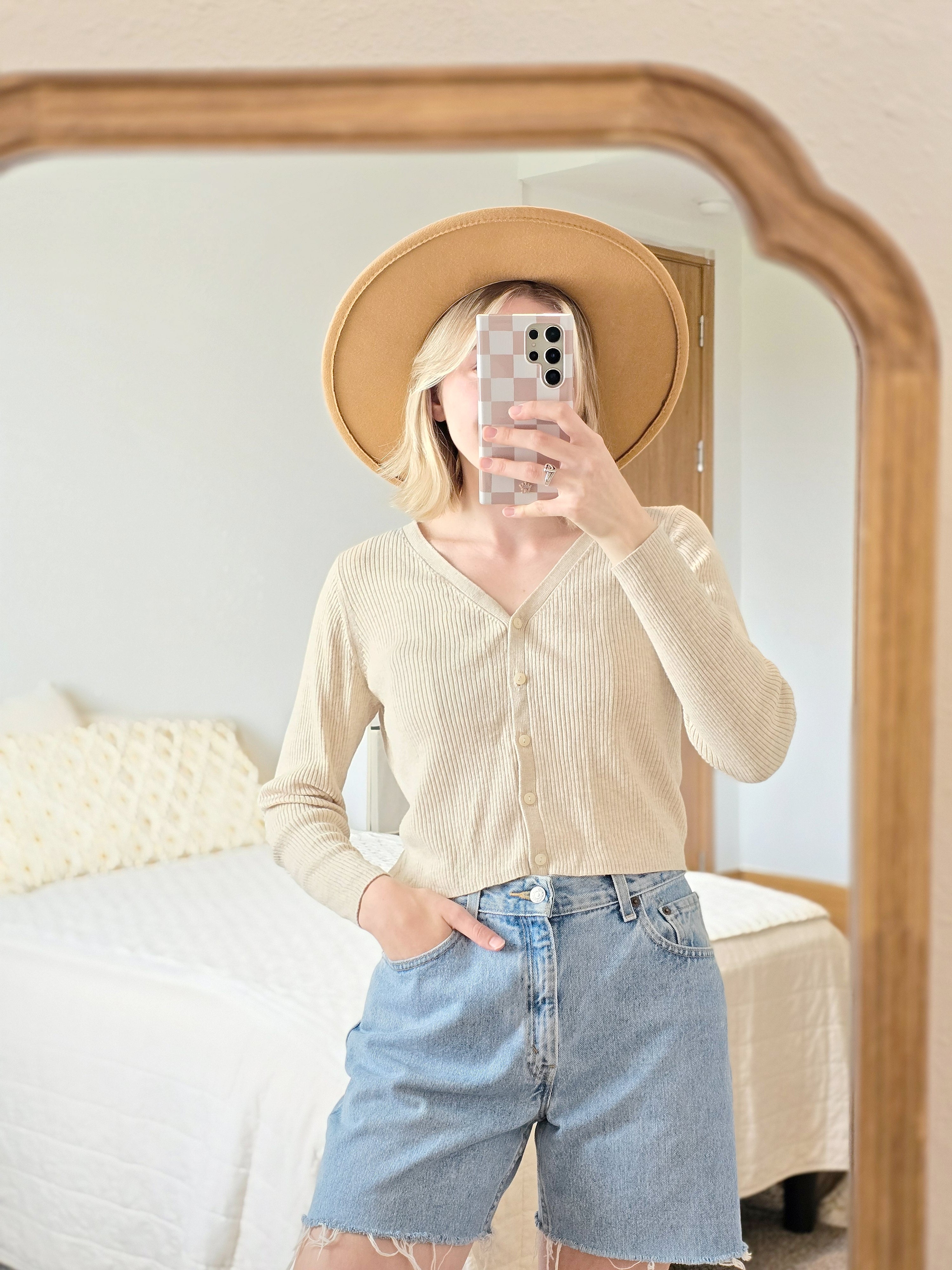 Cream Ribbed Knit Cardigan (M)