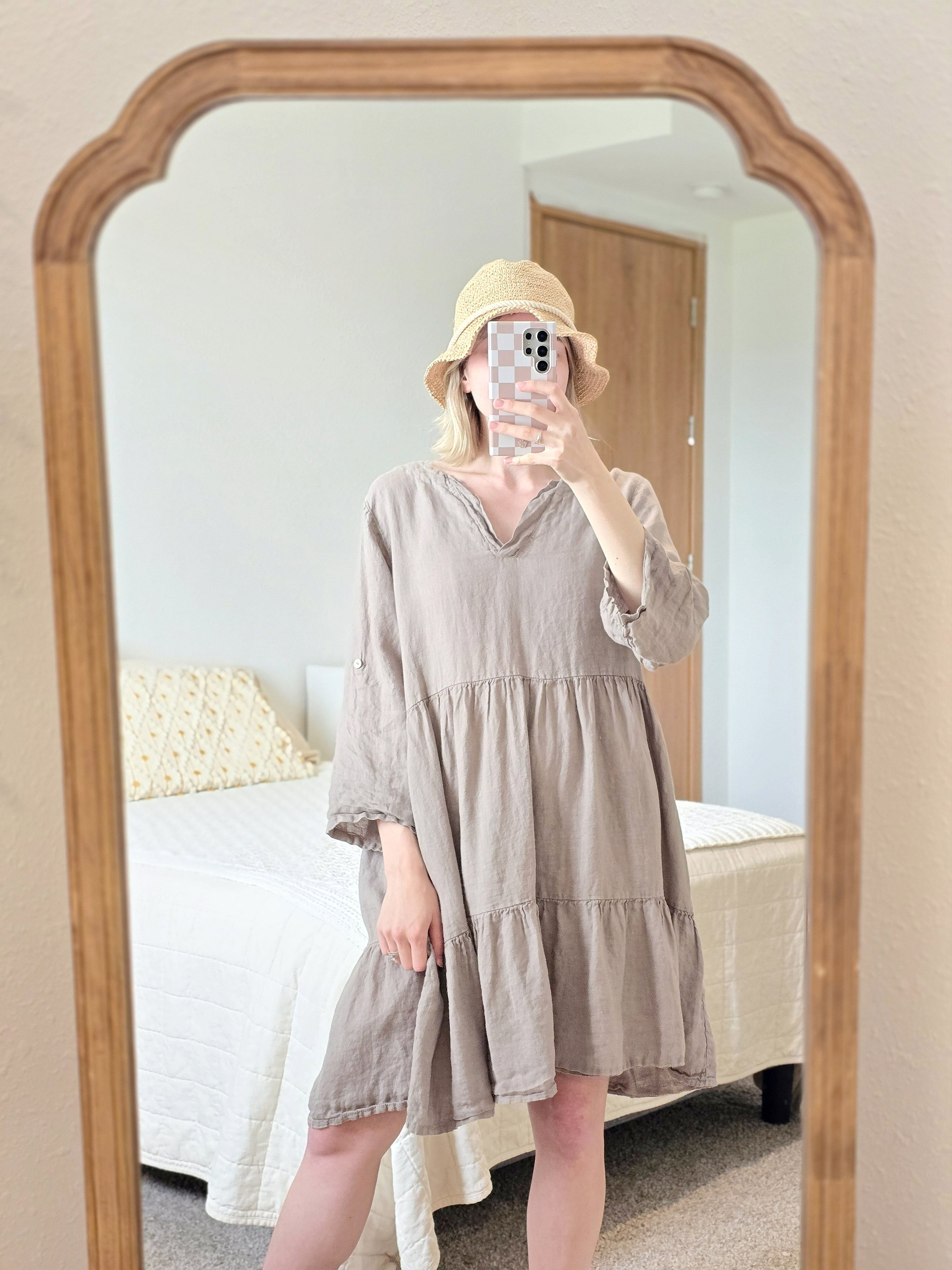 Taupe Linen Ruffle Dress (L)