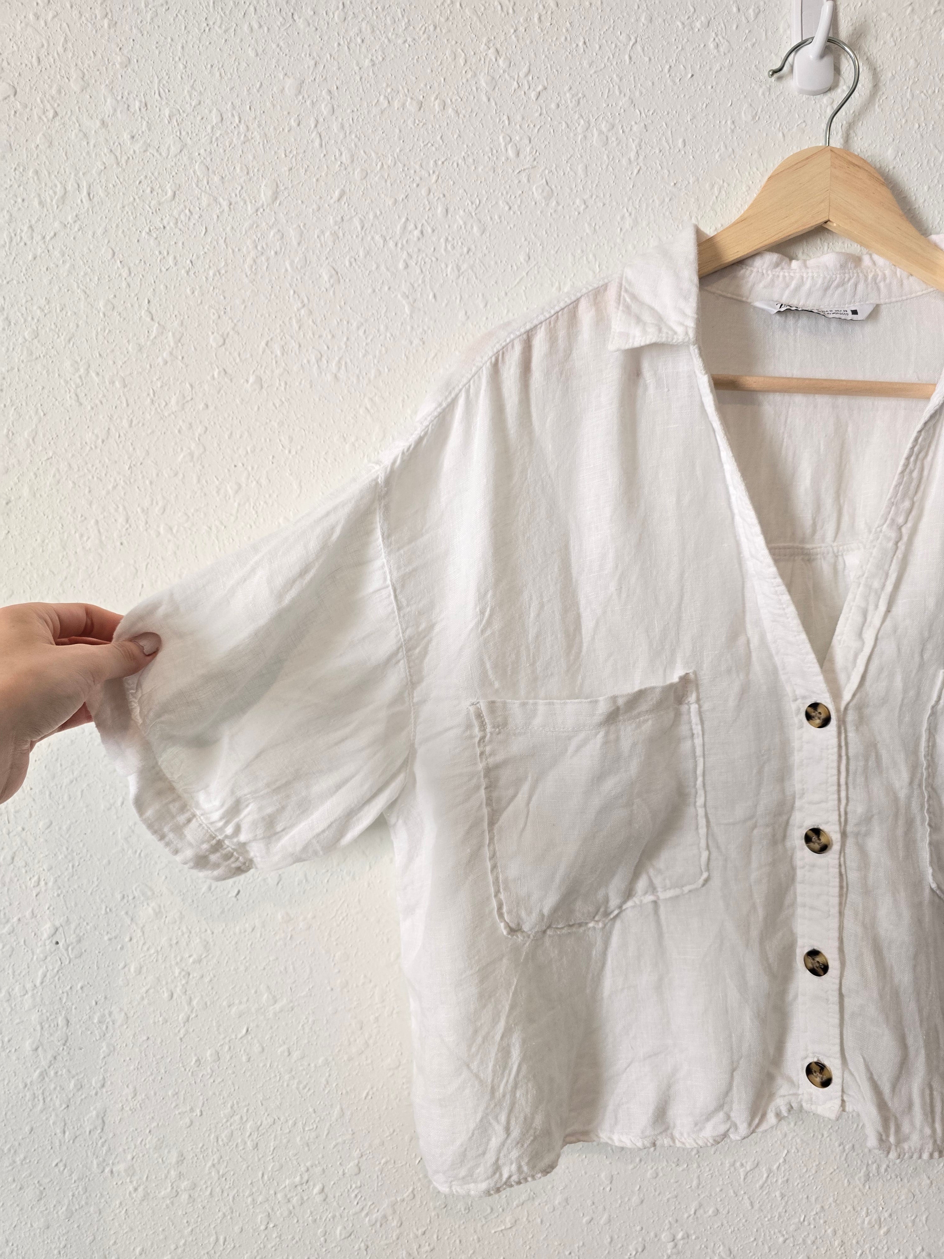 Zara White Linen Button Up (M)