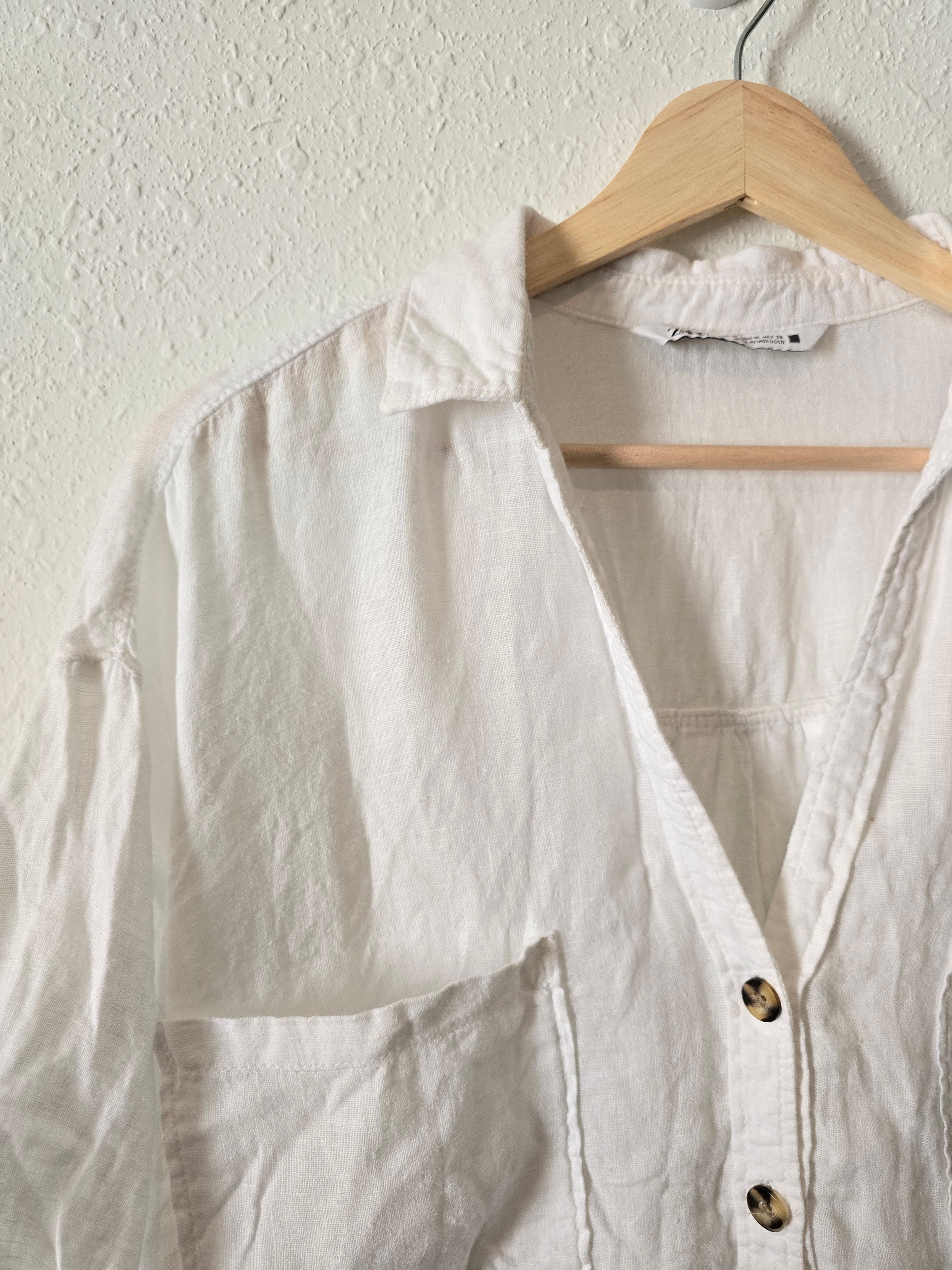 Zara White Linen Button Up (M)