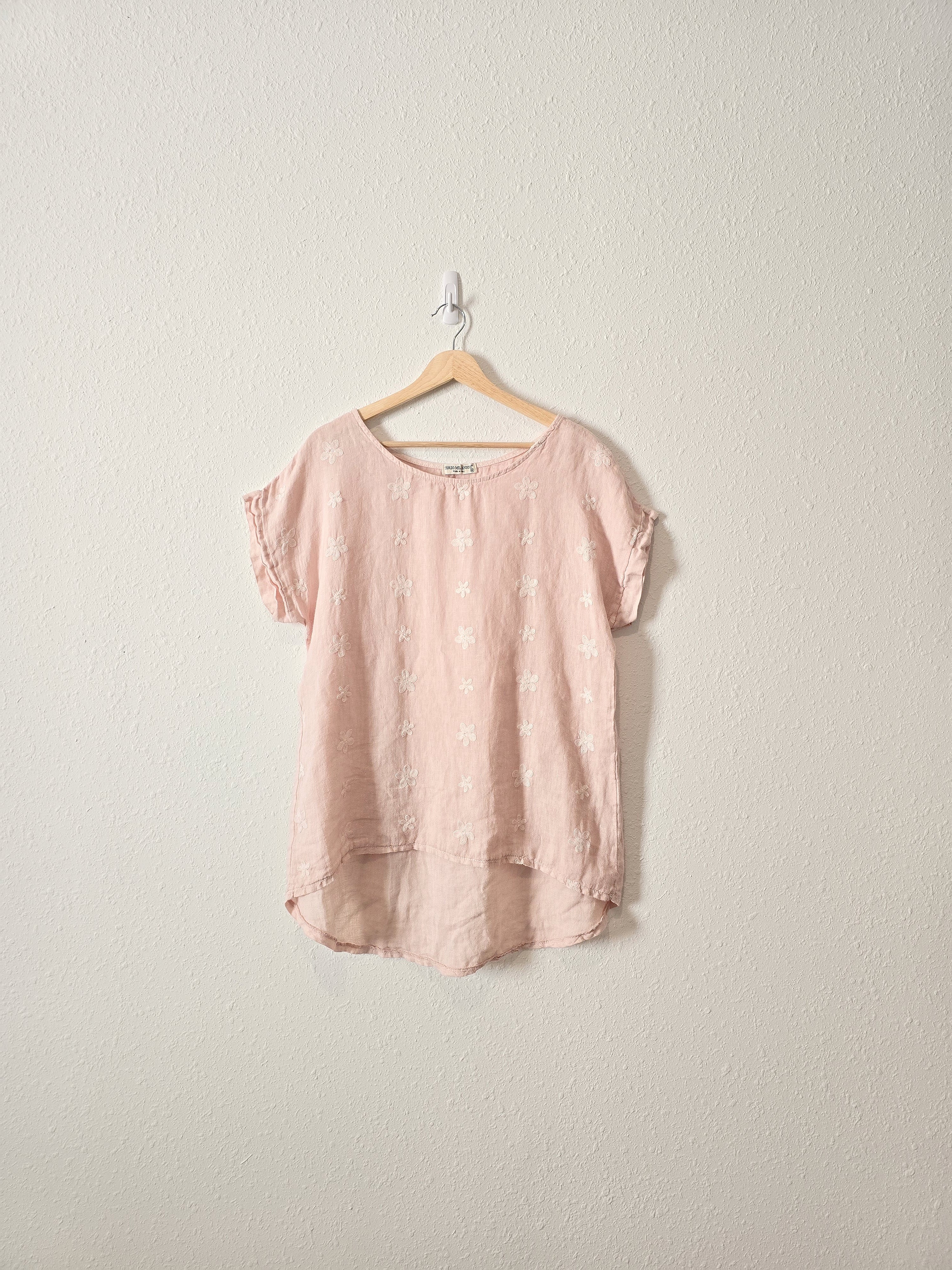 Blush Floral Embroidered Linen Top (M)