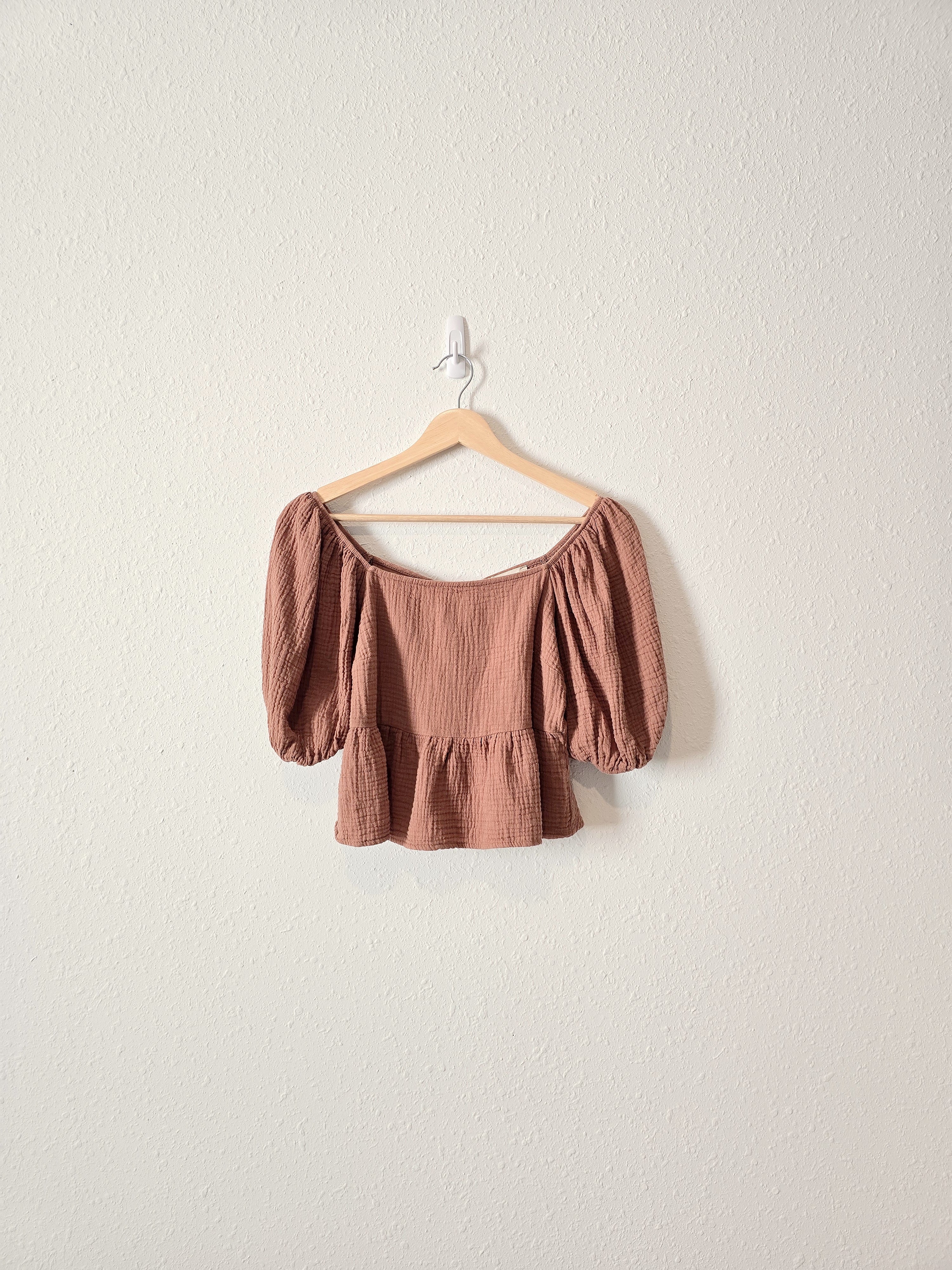 Brown Gauze Puff Sleeve Top (S)