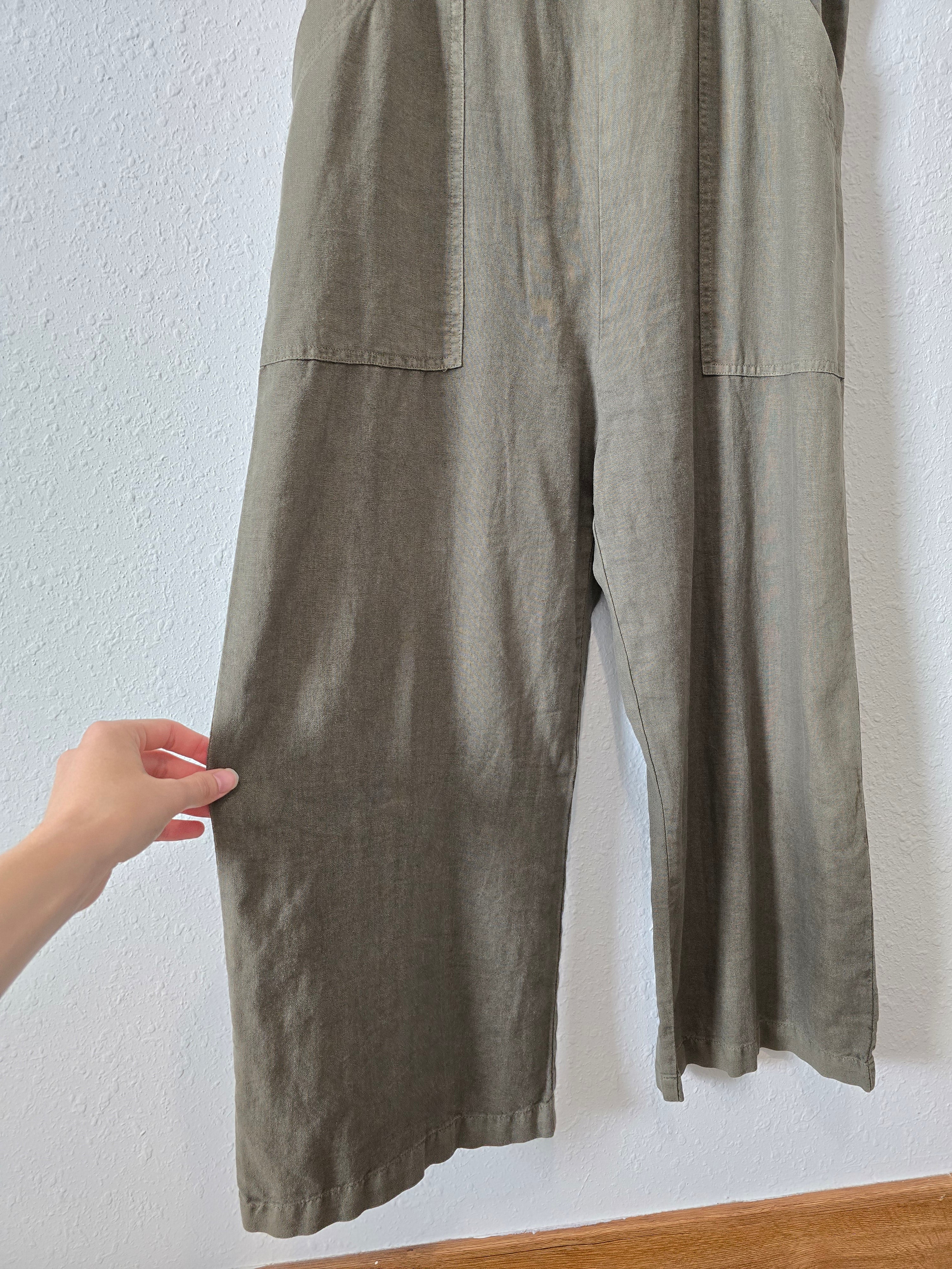 Olive Wide Leg Linen Jumpsuit (S)