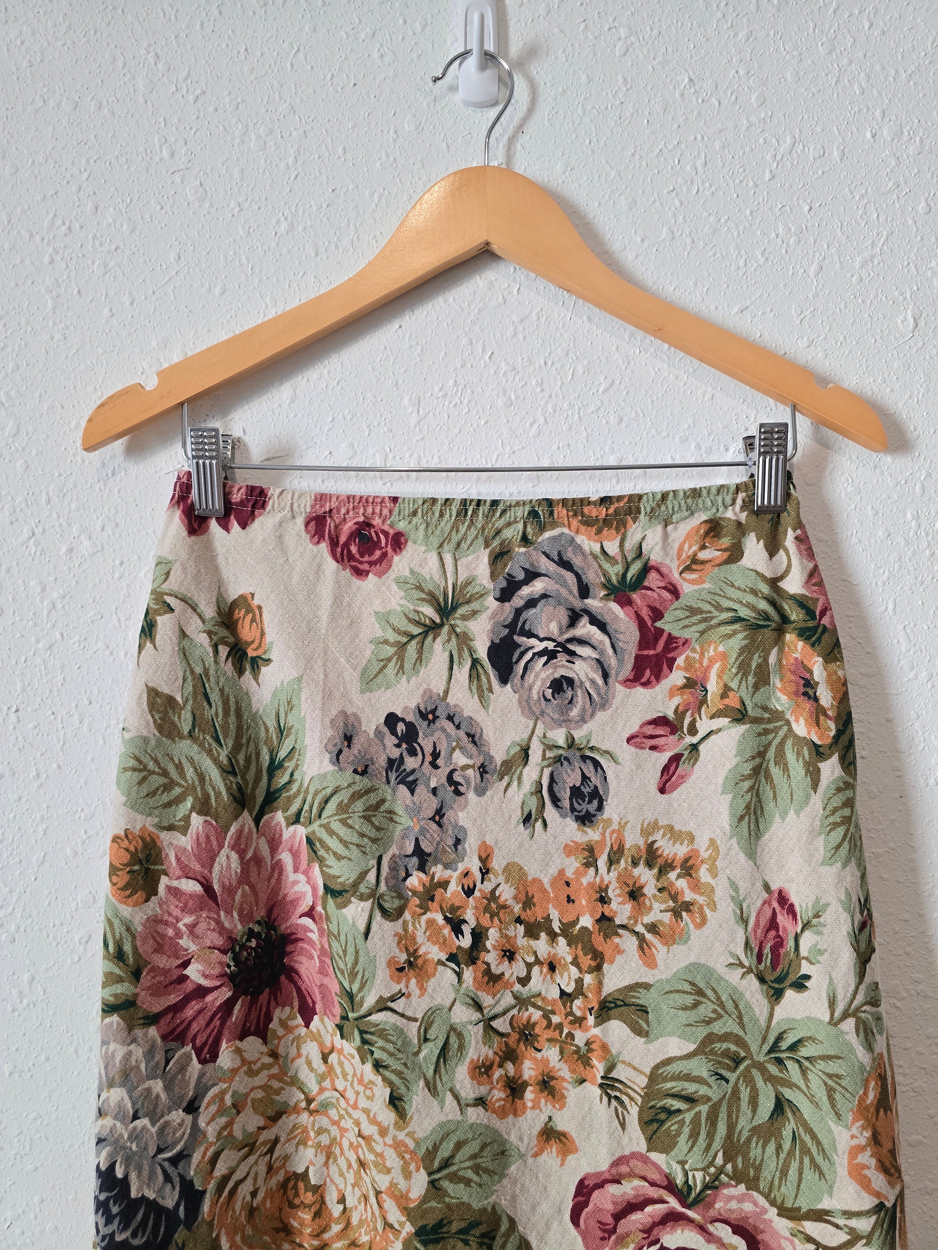 Vintage Floral Linen Maxi Skirt (S/M)
