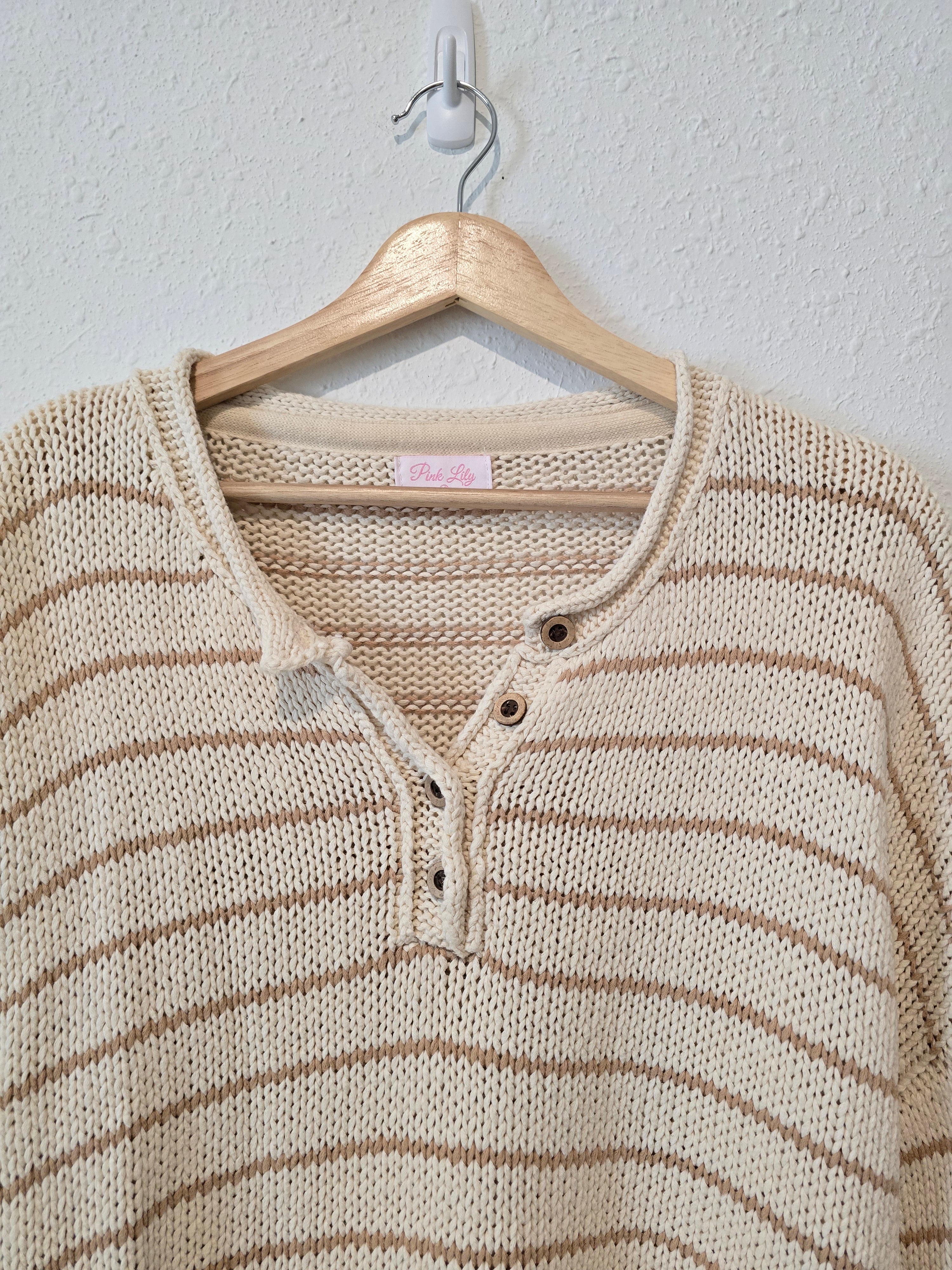 Neutral Striped Henley Sweater (L)