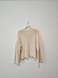 Neutral Striped Henley Sweater (L)