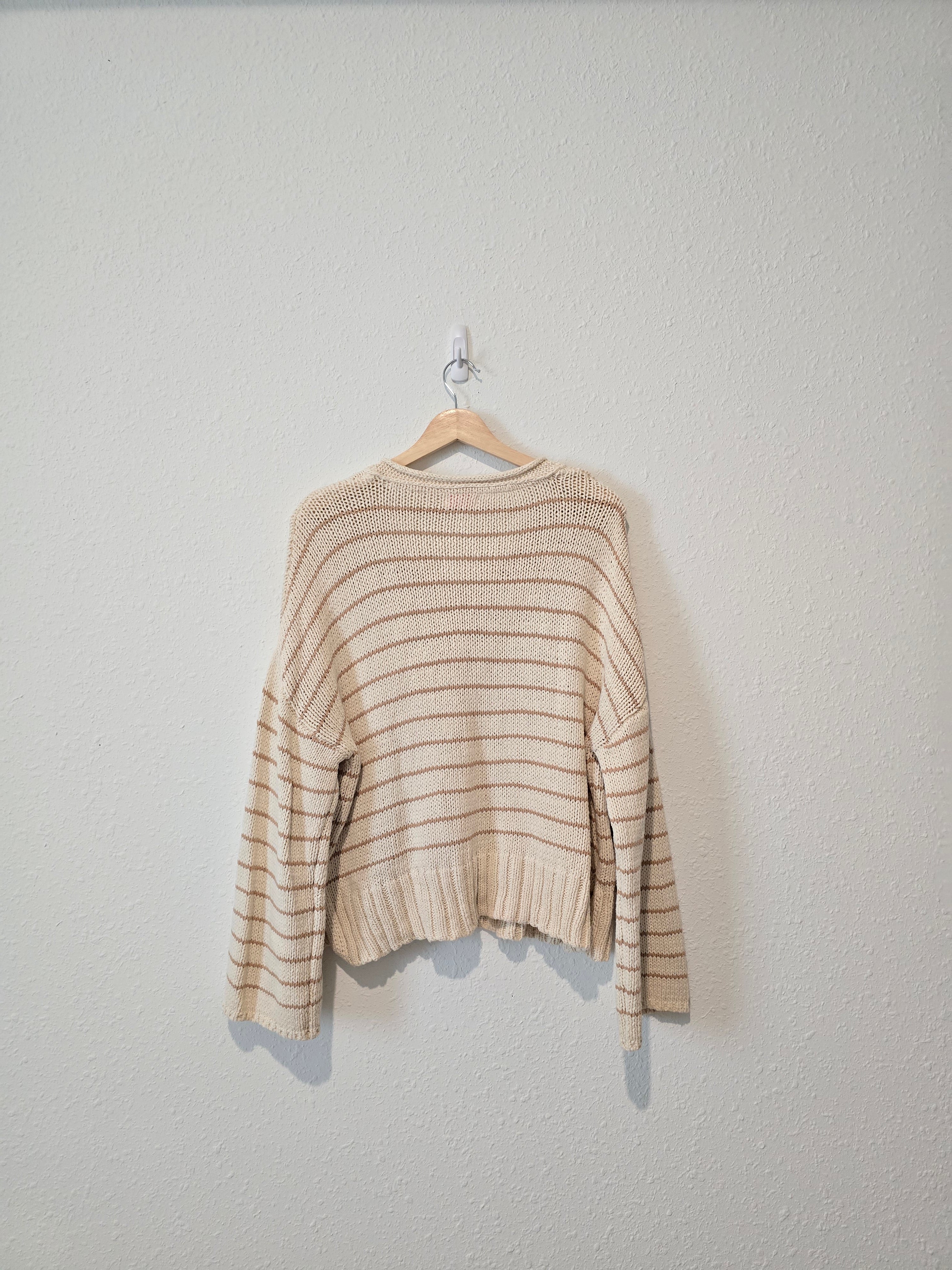 Neutral Striped Henley Sweater (L)