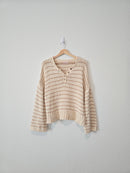 Neutral Striped Henley Sweater (L)