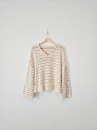 Neutral Striped Henley Sweater (L)