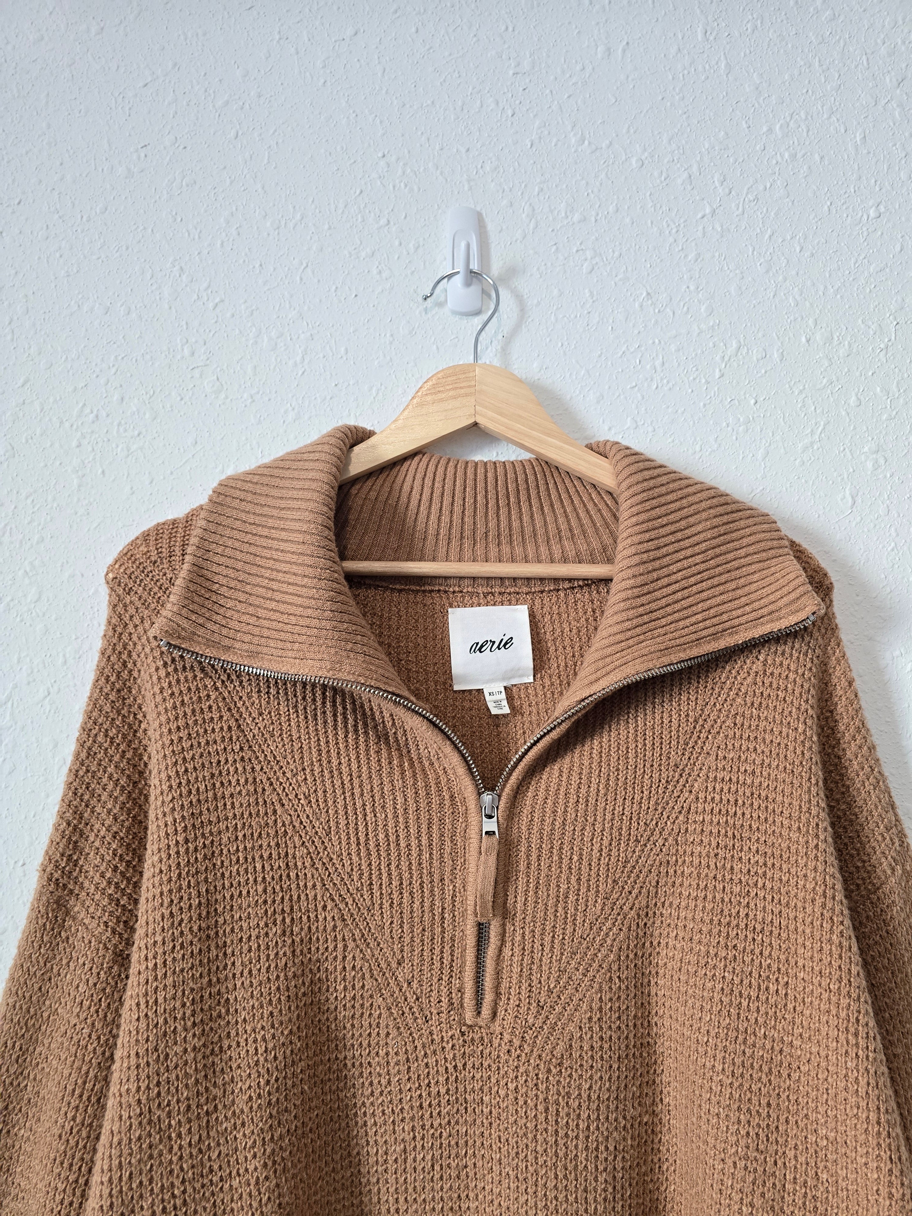 Aerie Camel Quarter Zip Sweater (XS)