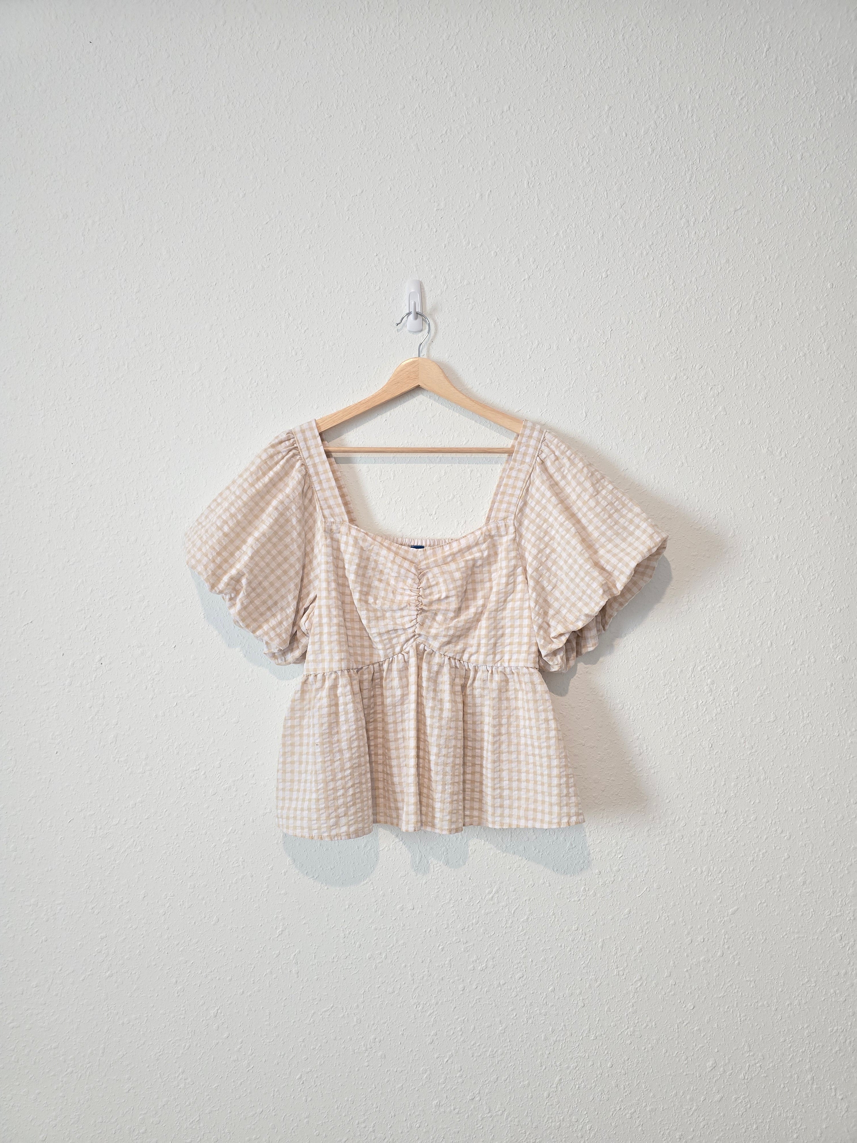 Neutral Gingham Puff Sleeve Top (XL)