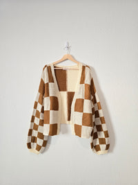 Checkered Puff Sleeve Cardigan (M)