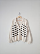 Striped V Neck Collared Sweater (L)