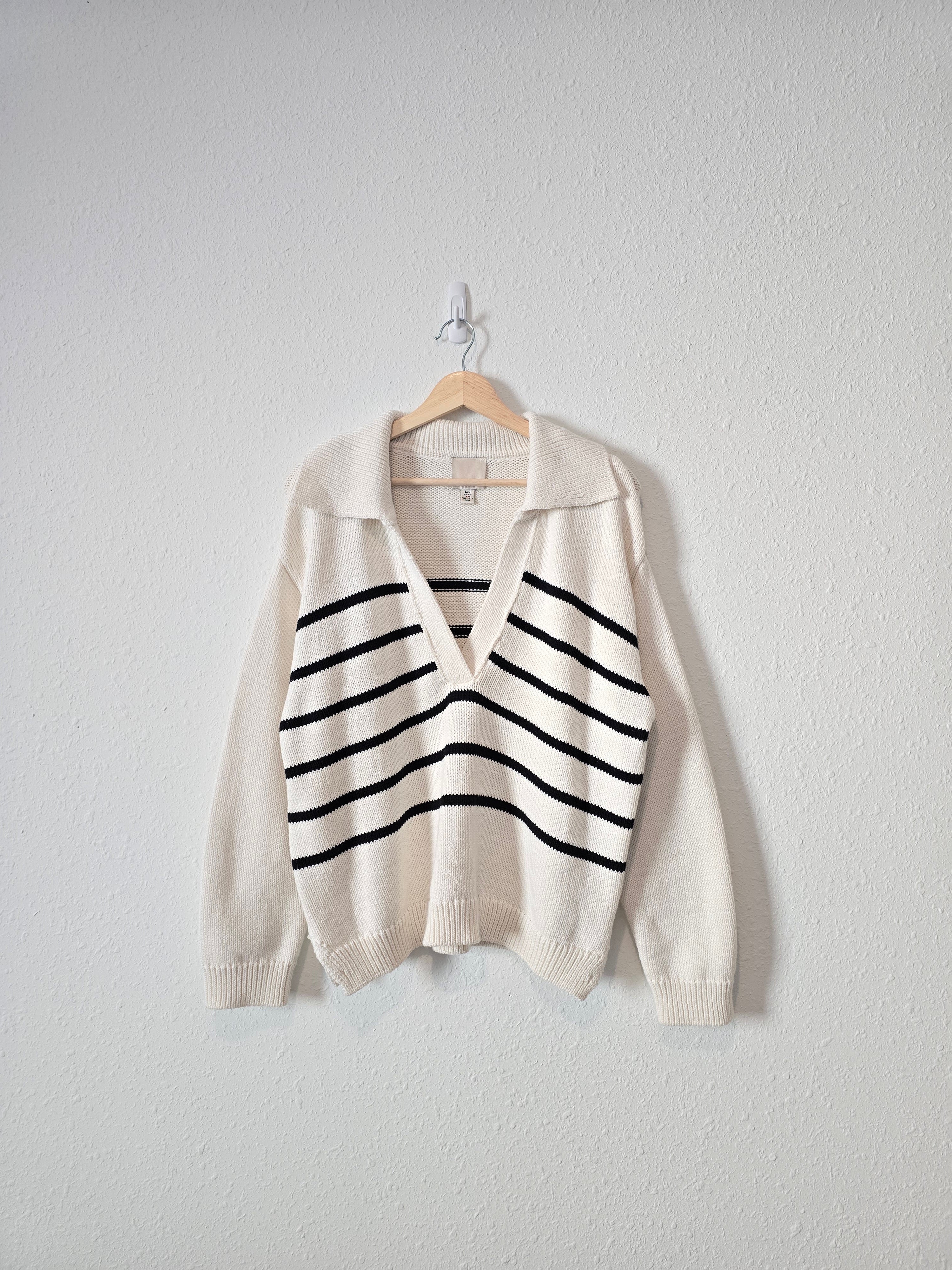 Striped V Neck Collared Sweater (L)