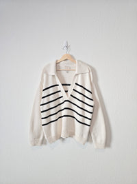 Striped V Neck Collared Sweater (L)