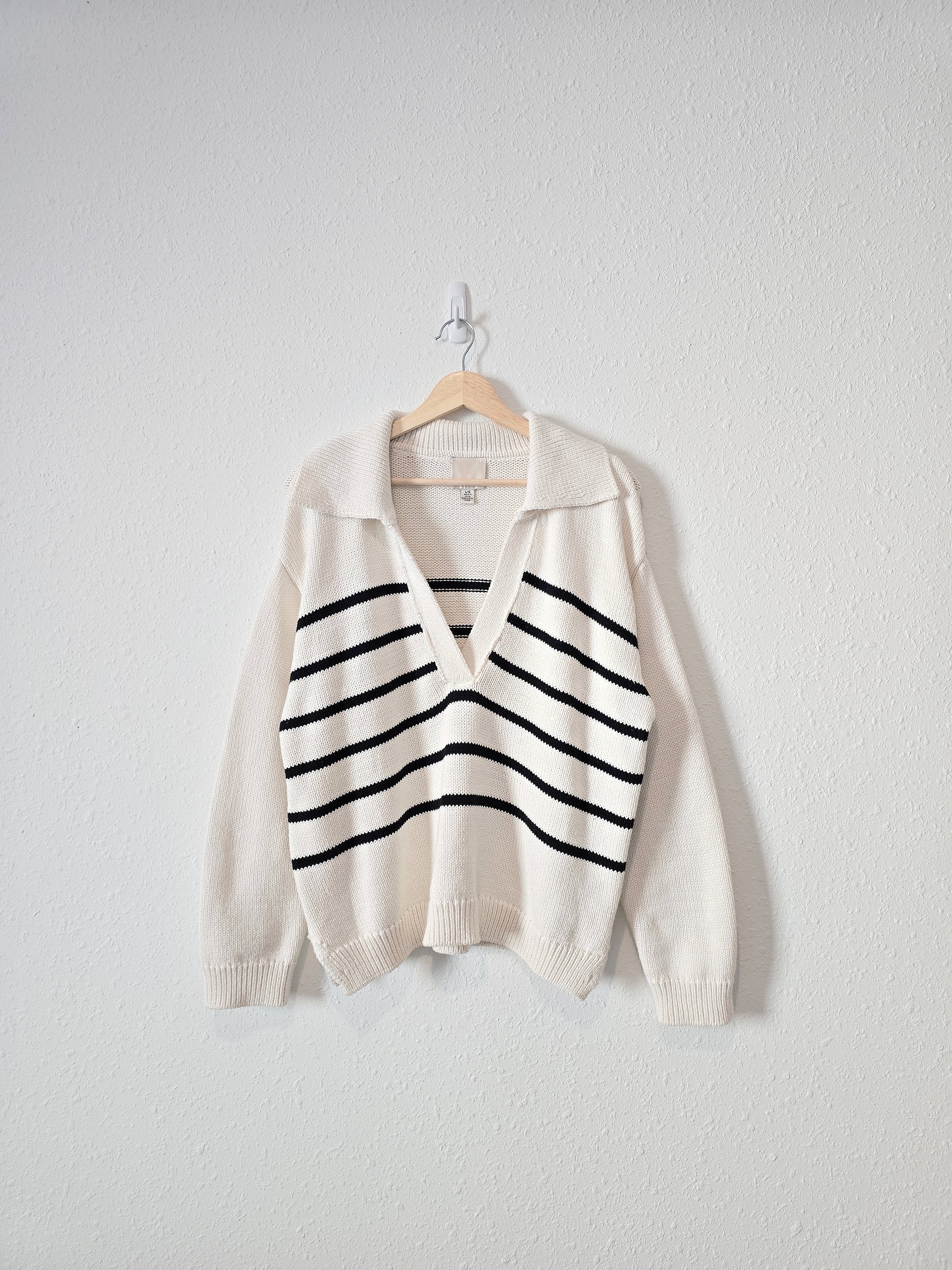 Striped V Neck Collared Sweater (L)