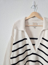 Striped V Neck Collared Sweater (L)
