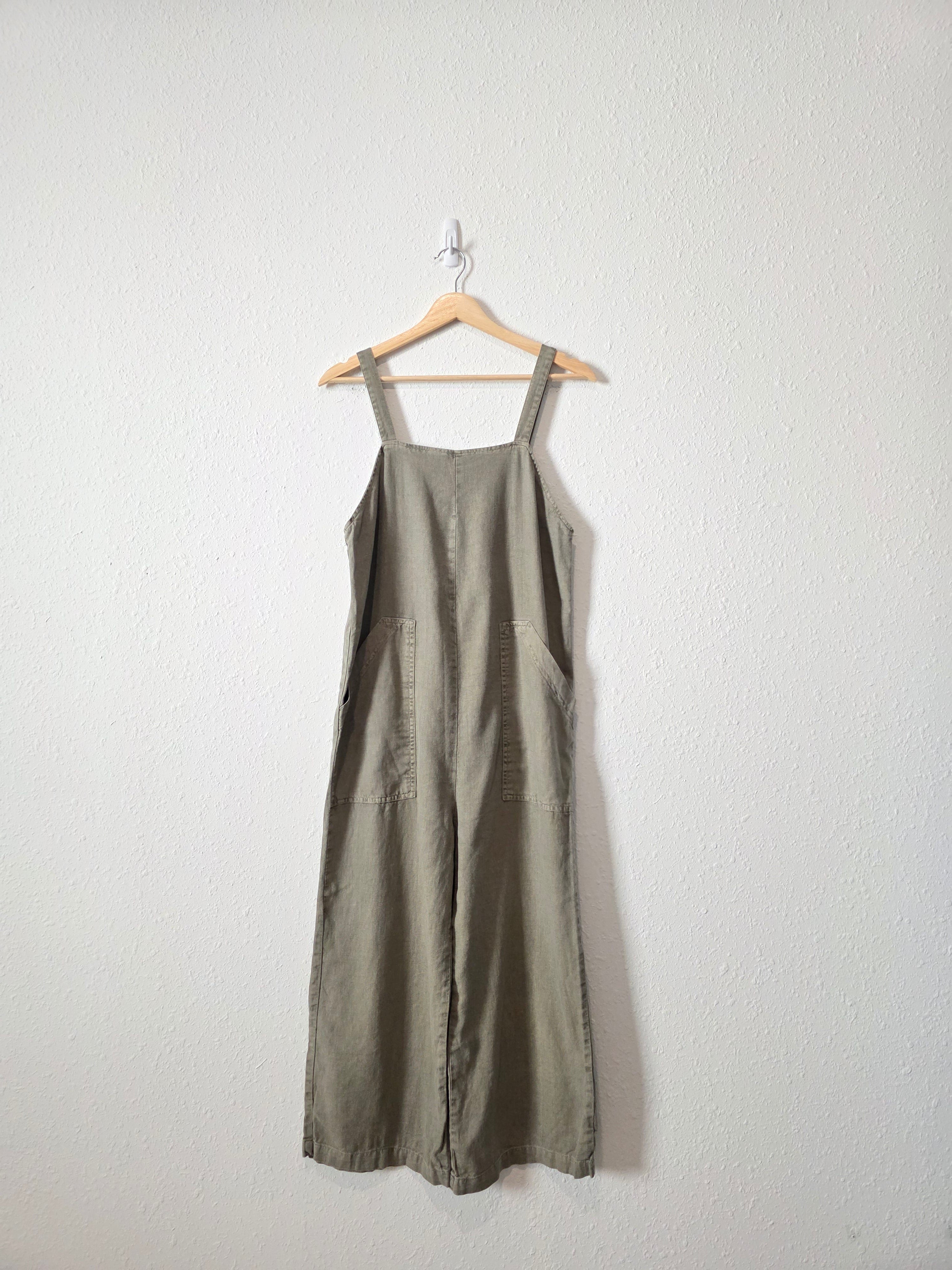 Olive Linen Wide Leg Jumpsuit Overalls (XS)