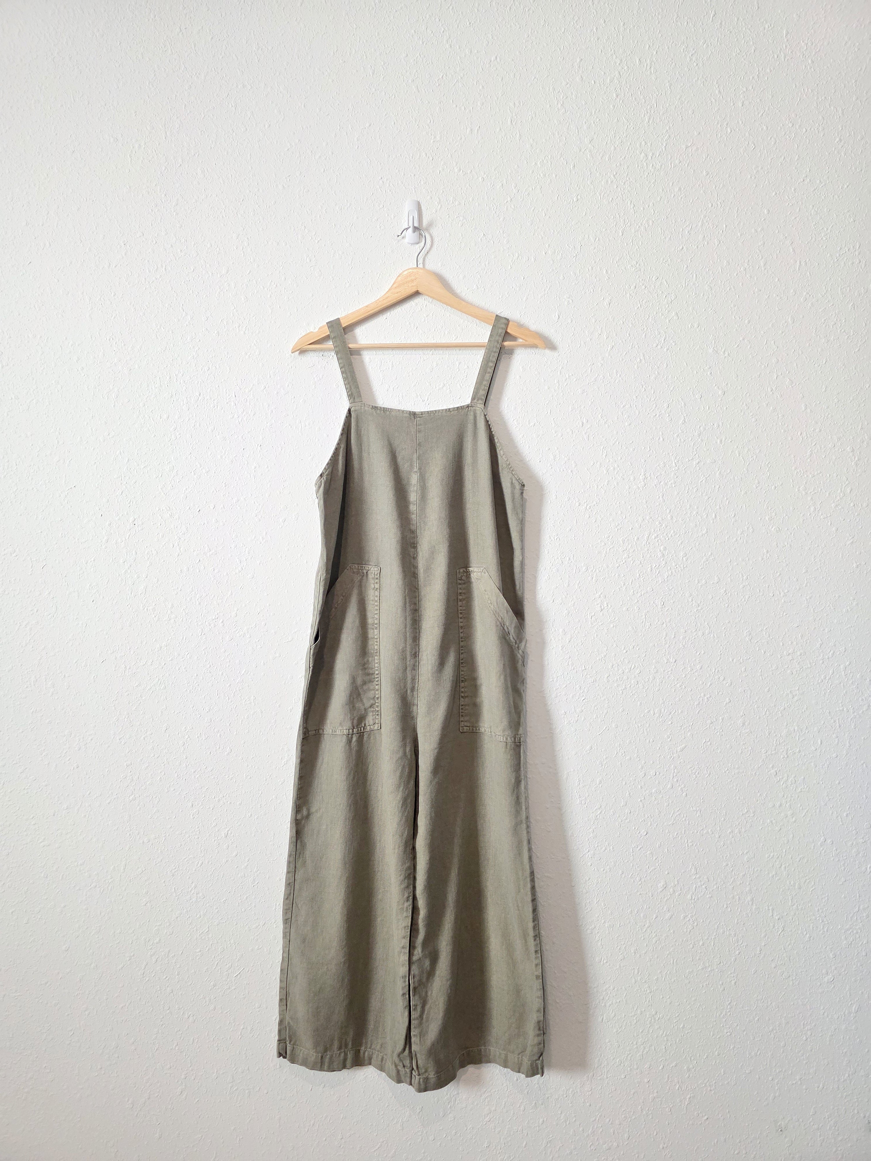 Olive Linen Wide Leg Jumpsuit Overalls (XS)