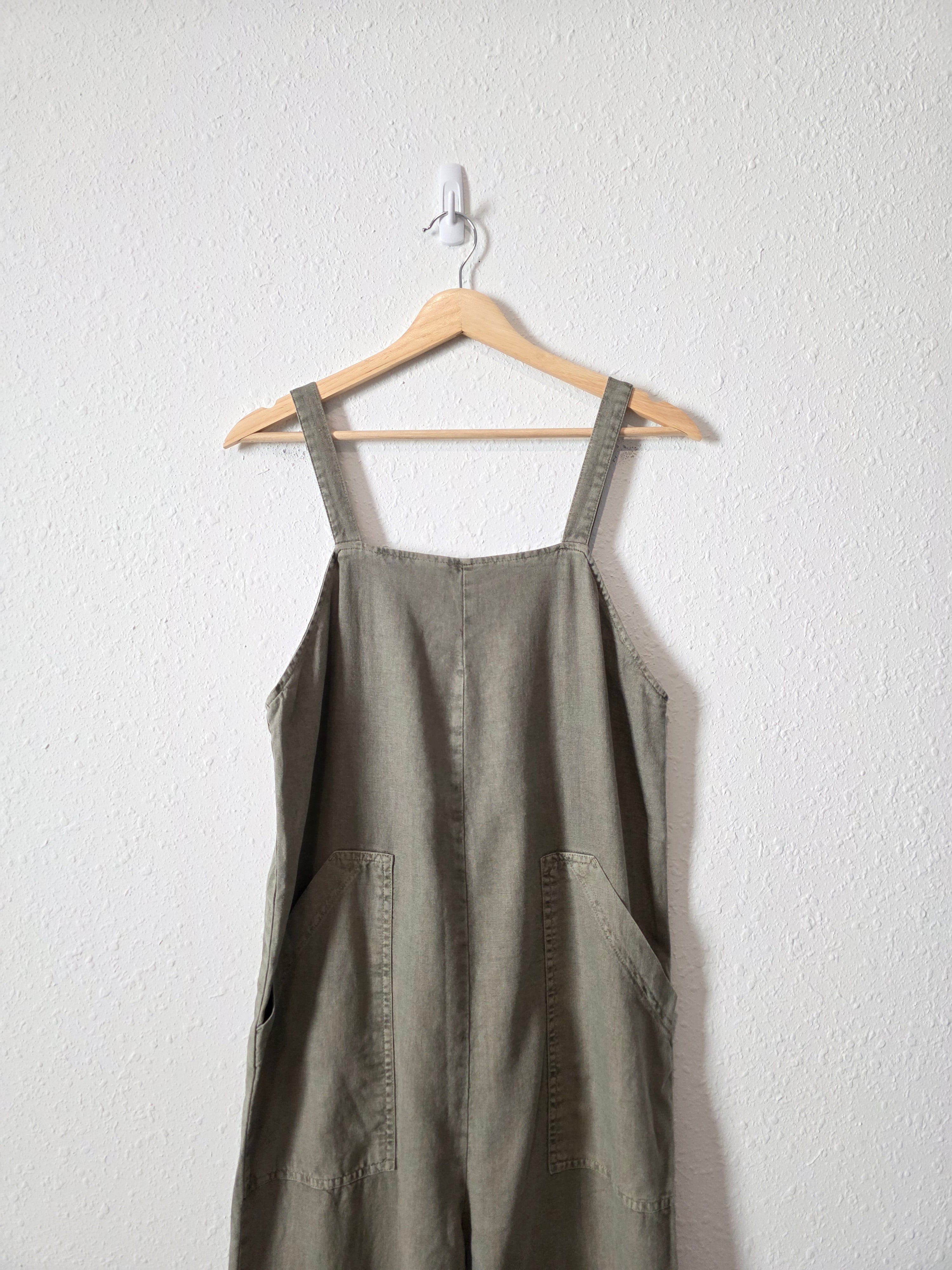 Olive Linen Wide Leg Jumpsuit Overalls (XS)