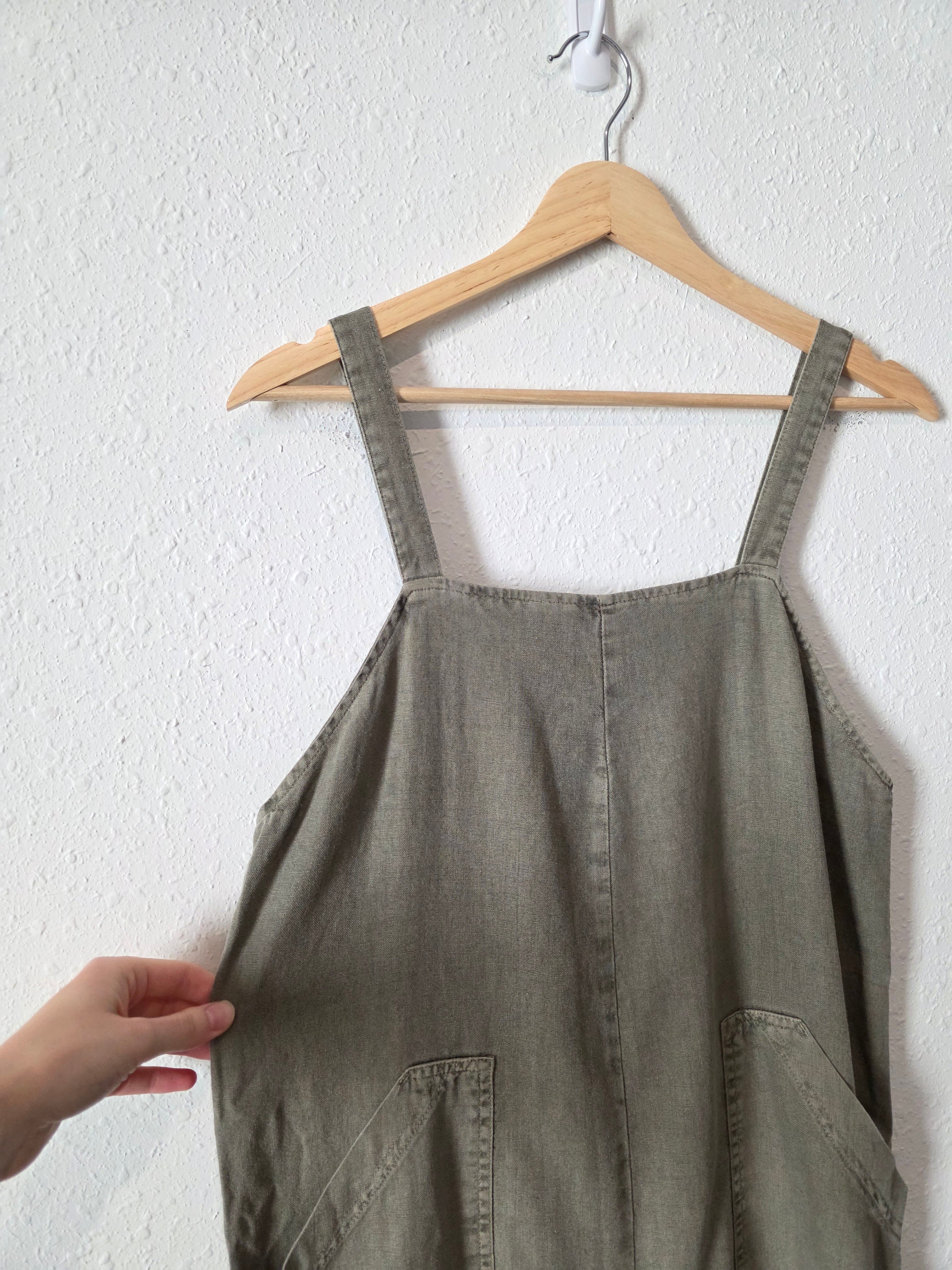 Olive Linen Wide Leg Jumpsuit Overalls (XS)