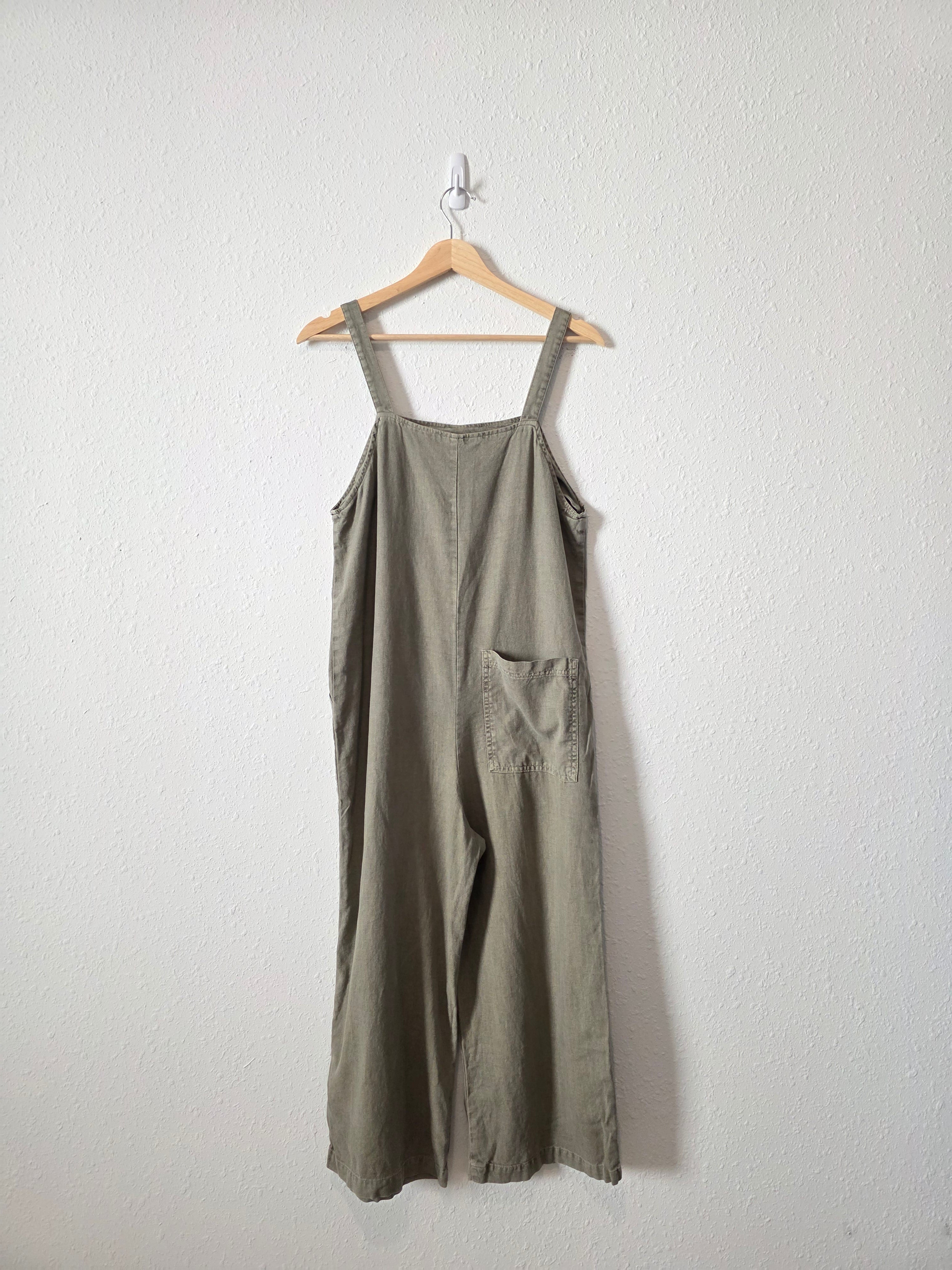 Olive Linen Wide Leg Jumpsuit Overalls (XS)