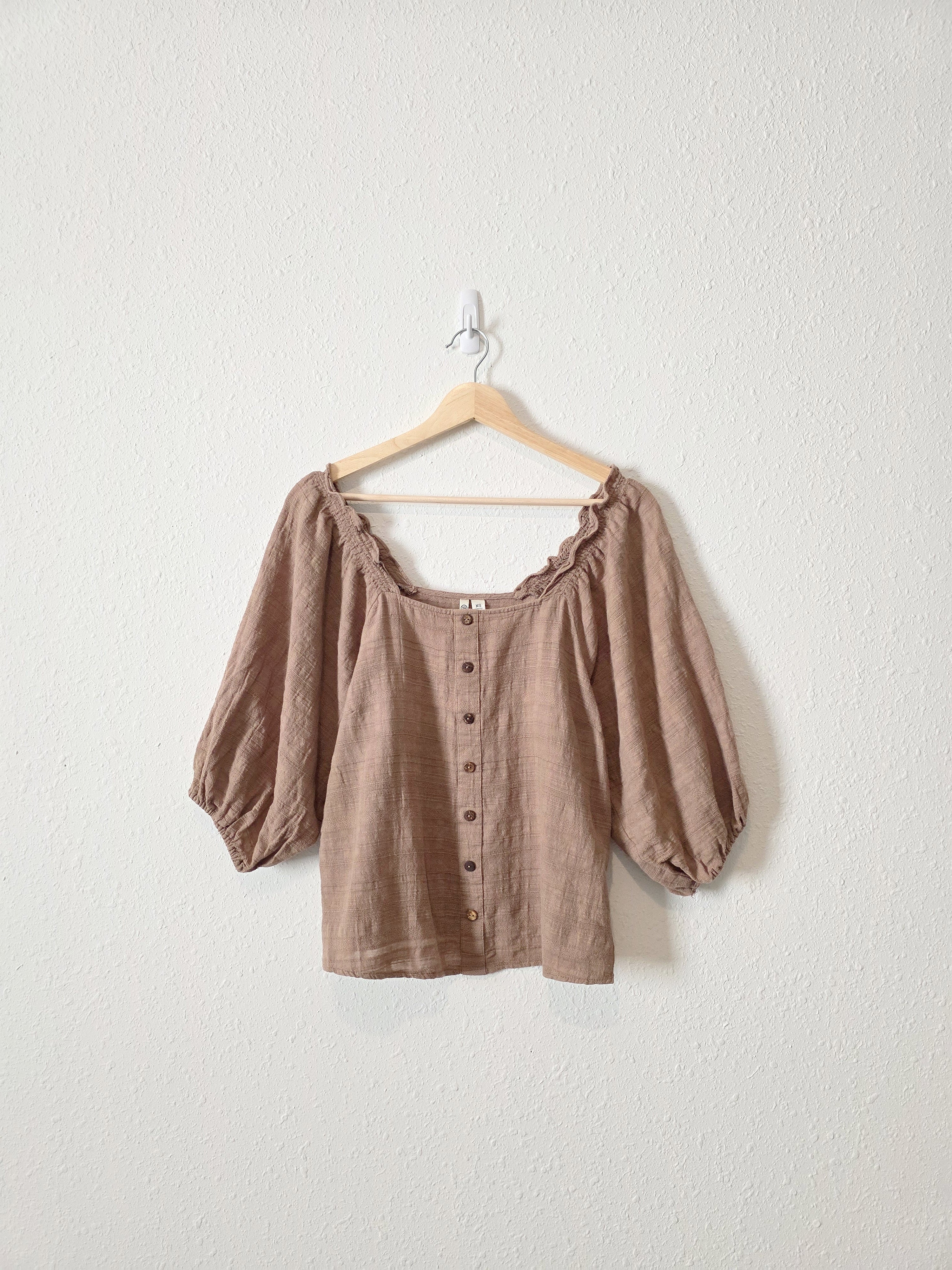 Brown Puff Sleeve Cotton Top (XS)